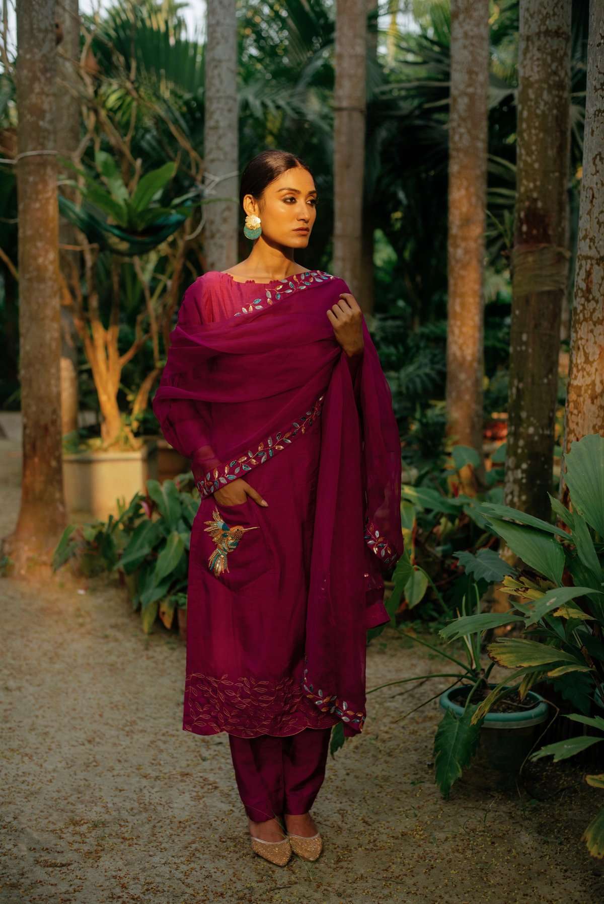 Pink A-Line Kurta Set with Boat Neck and Dupatta
