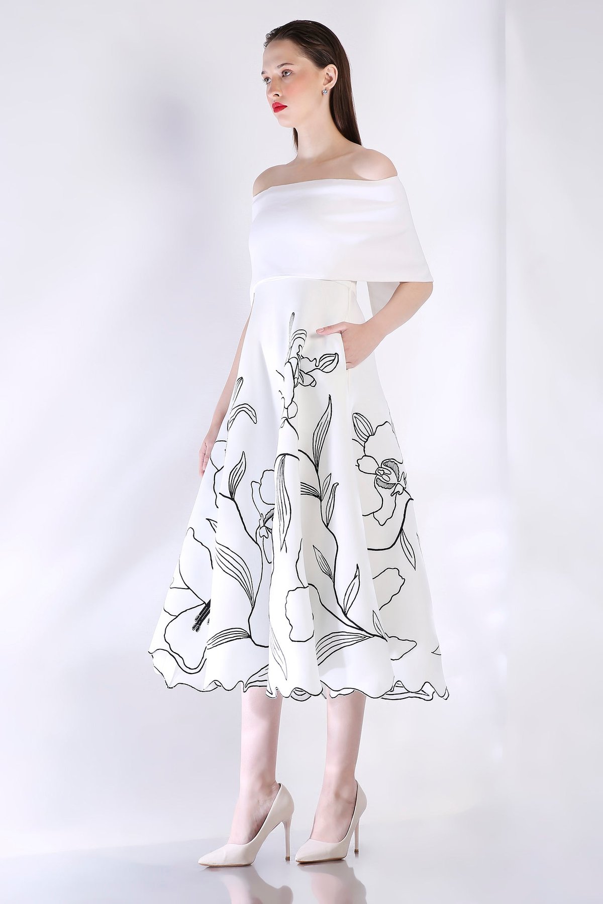 Off-White Off-Shoulder Fit and Flare Midi Dress