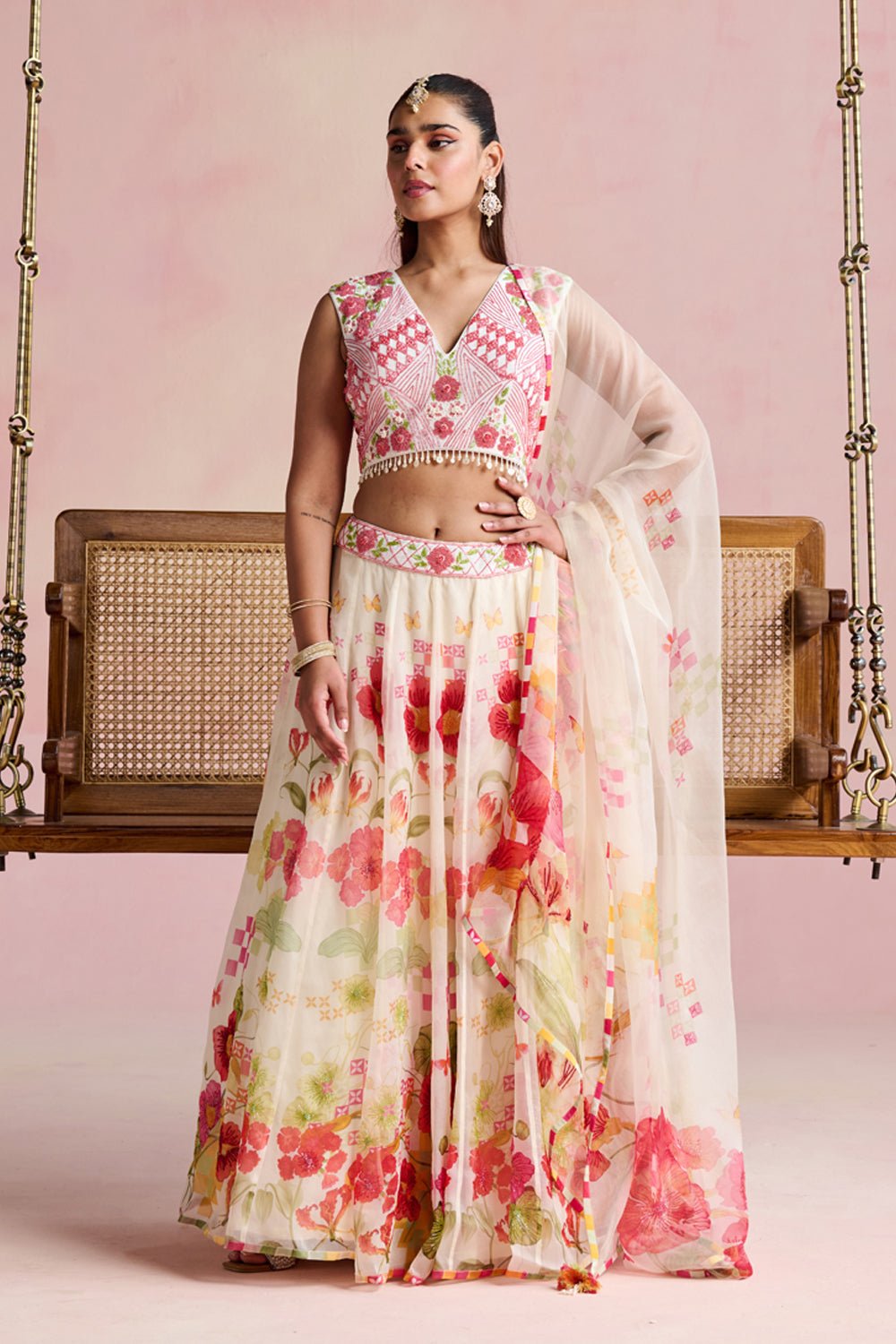 Floral Organza Lehenga Set with Embroidered Crepe Choli