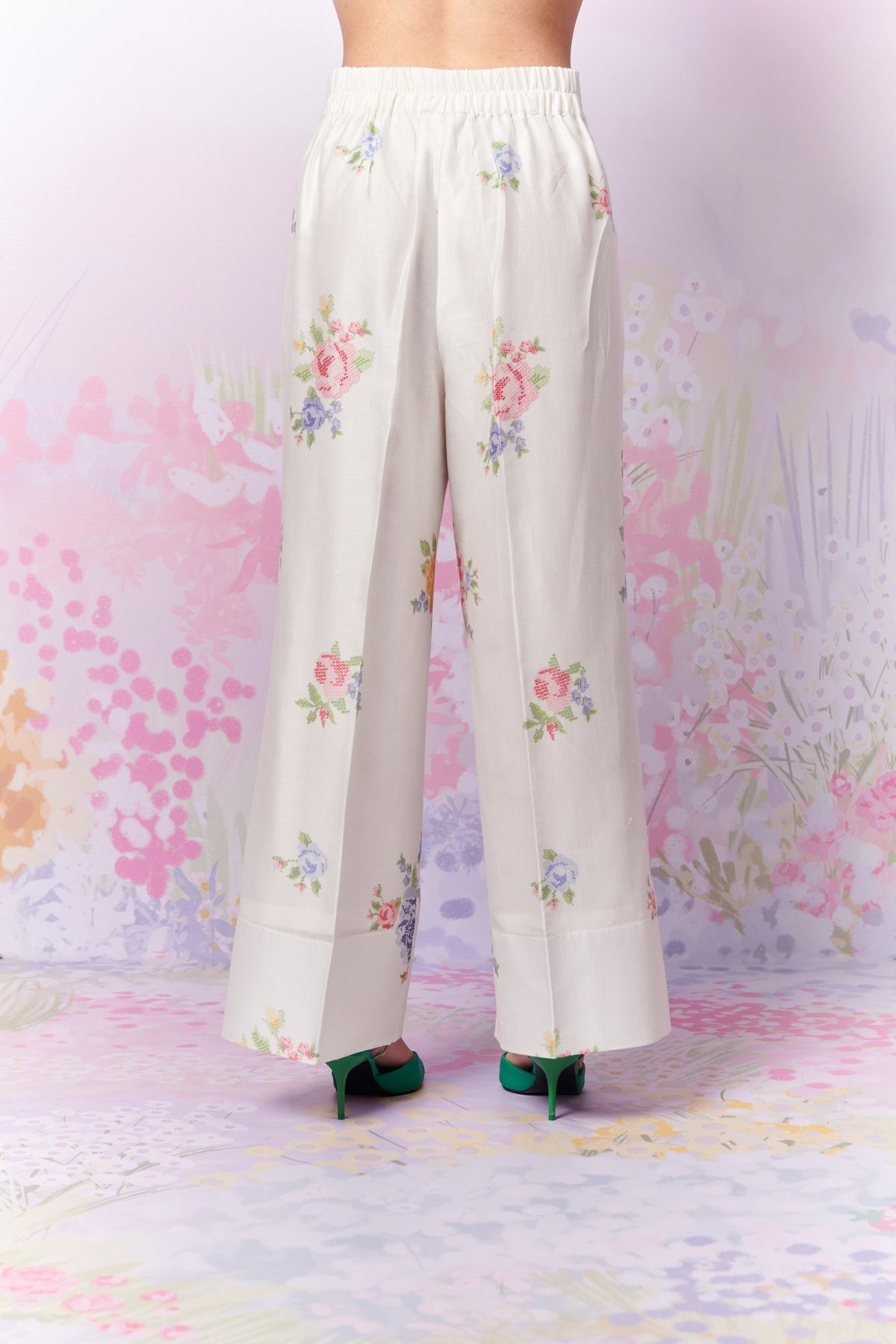 White Chanderi Silk Floral Wide-Leg Trousers