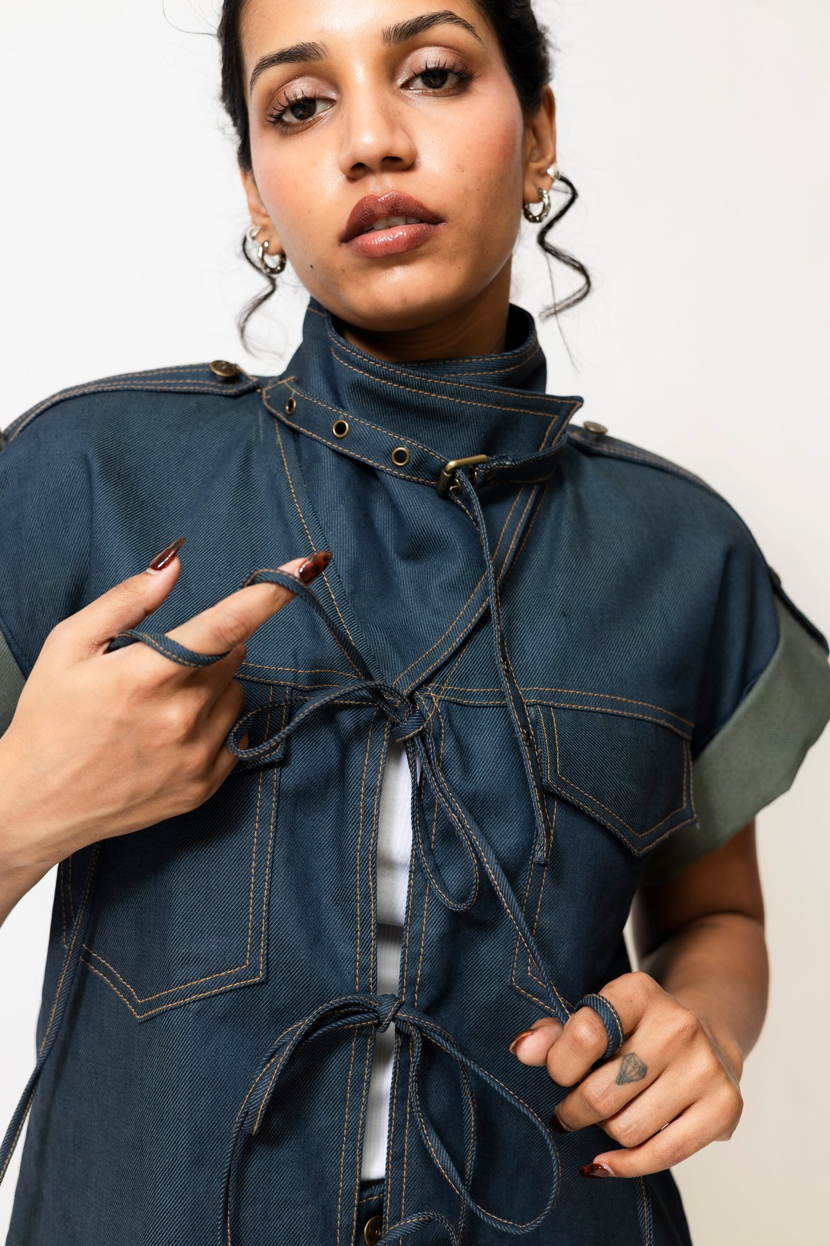 Dual-Tone Denim Utility Jacket with Lace-Up Front
