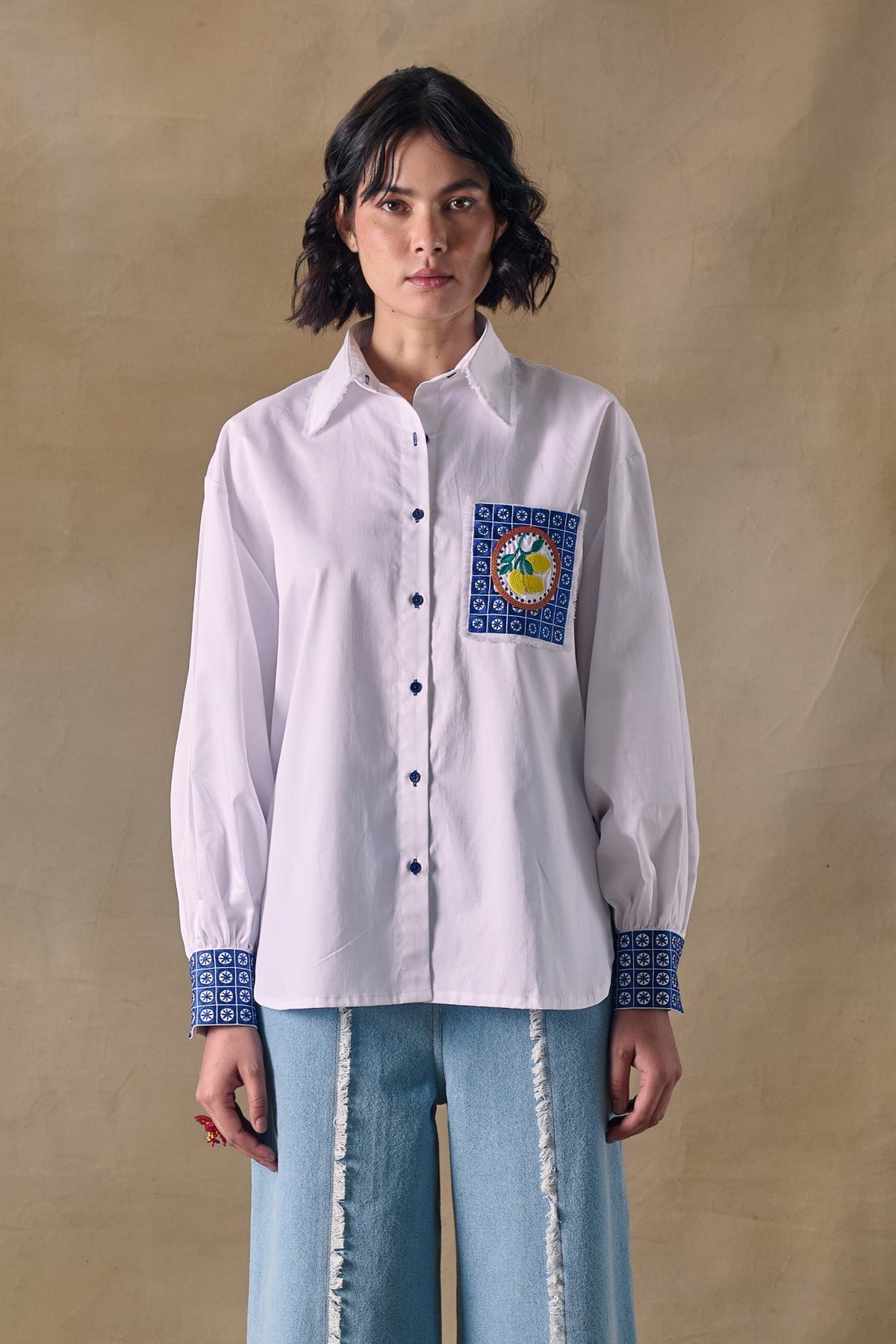 White Cotton Satin Embroidered Pocket Button-Down Shirt