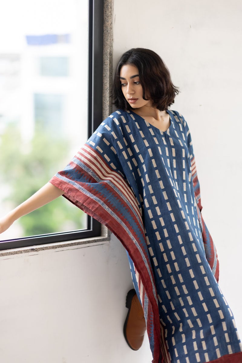 Multicolor Geometric Block Print Cotton Midi Kaftan Dress