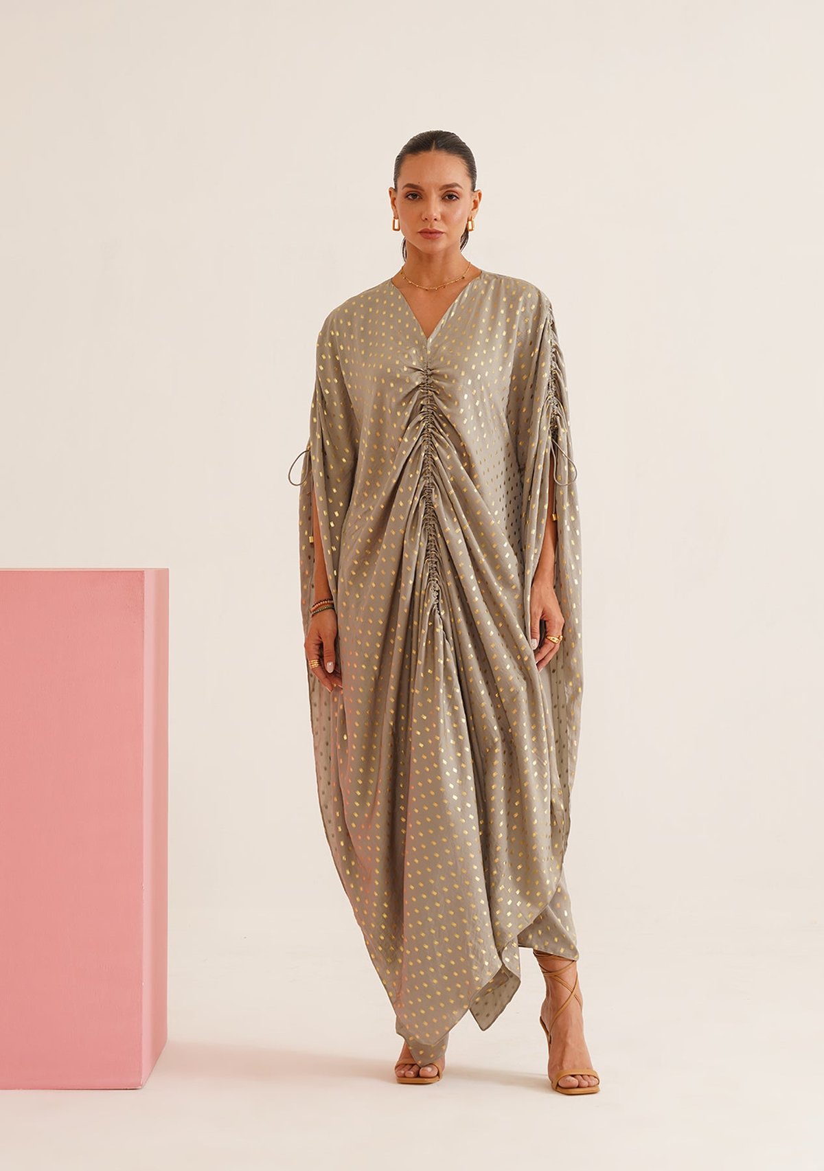 Green Maxi Kaftan Dress with Gold Foil Print