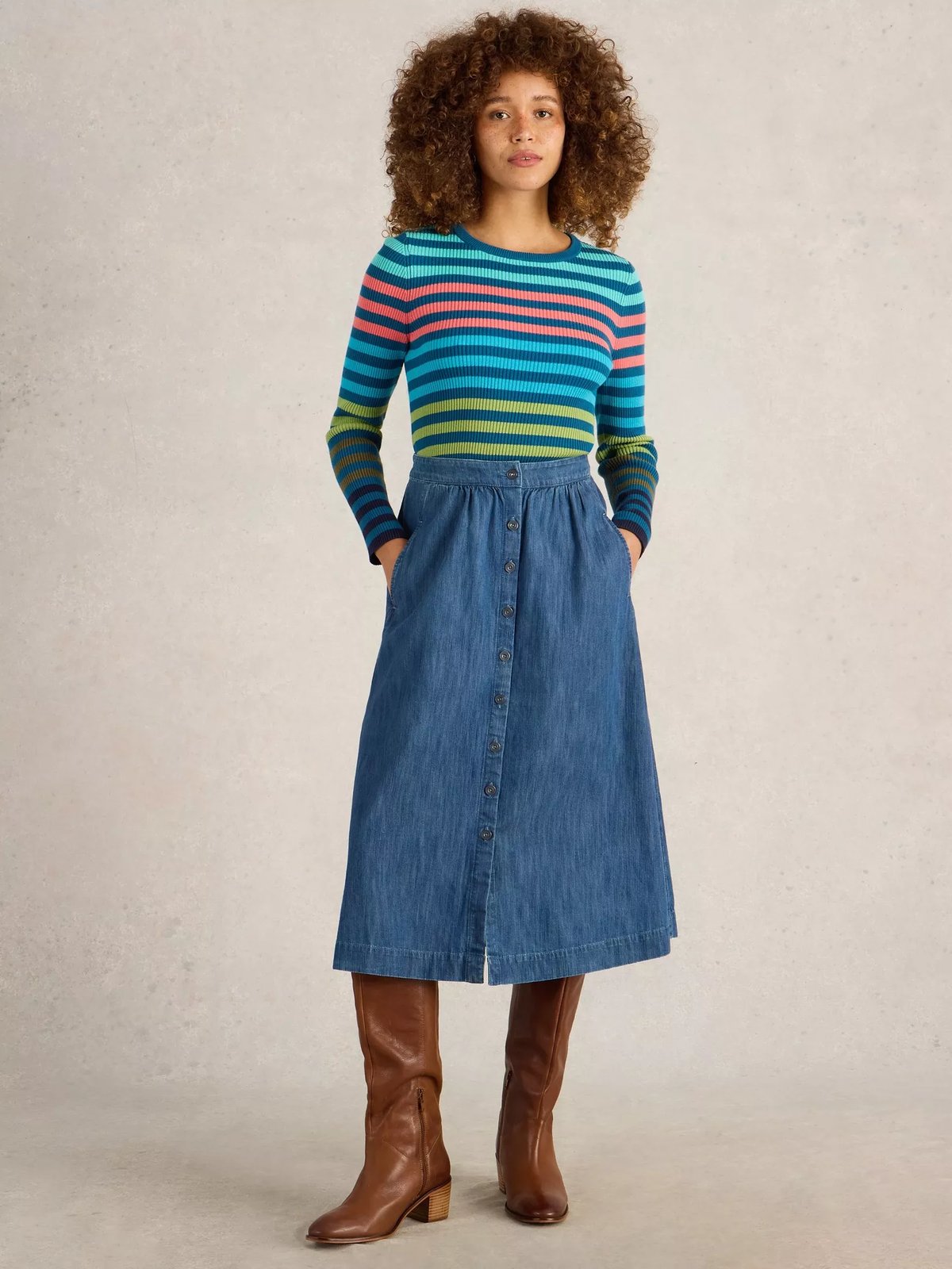 Mid Denim Button-Through A-Line Midi Skirt with Pockets