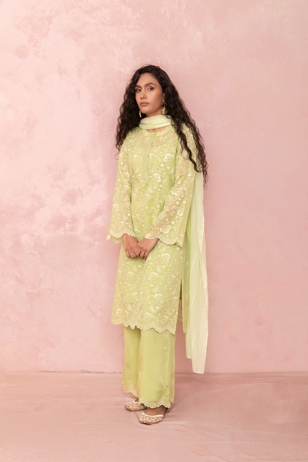 Green Organza Embroidered Straight Kurta Set (4-Piece)