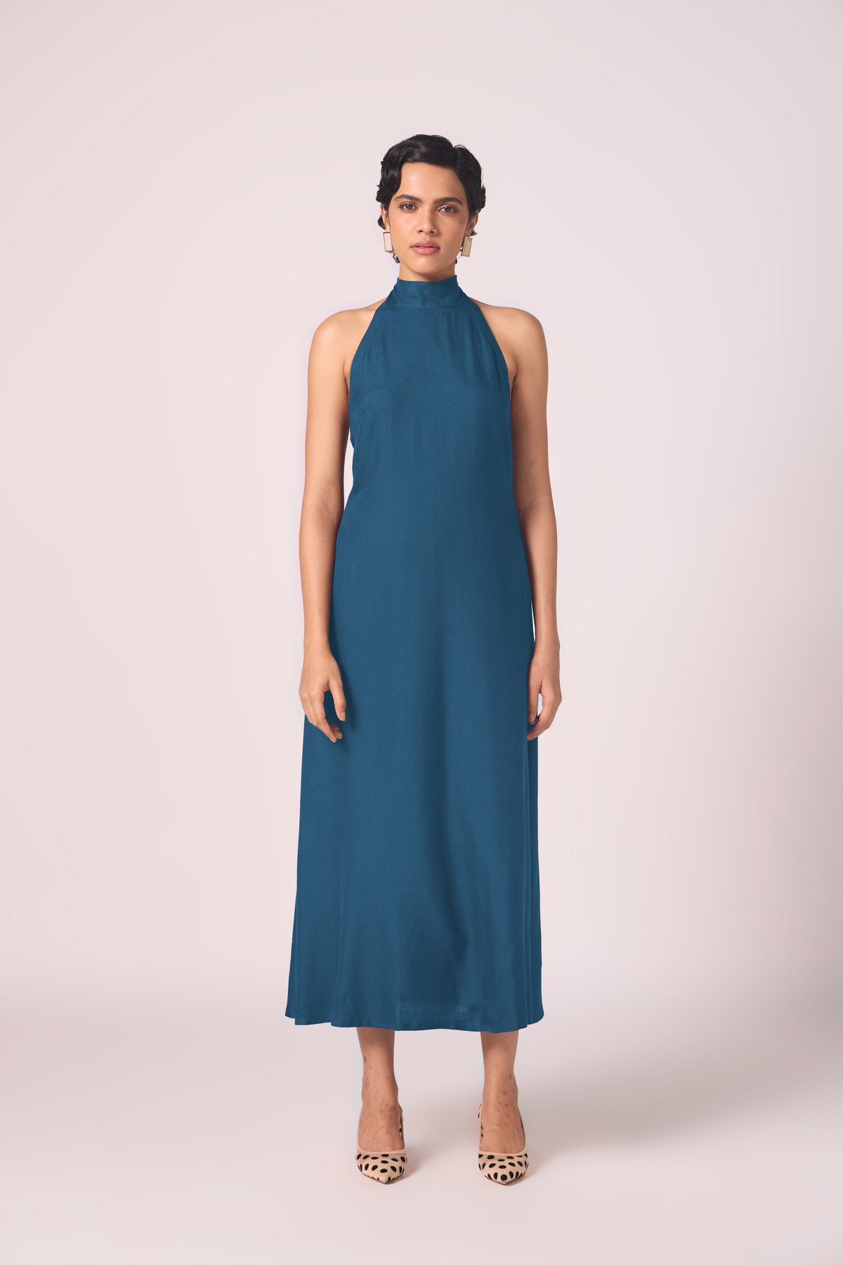Blue Silk Twill Halter Neck Maxi Dress