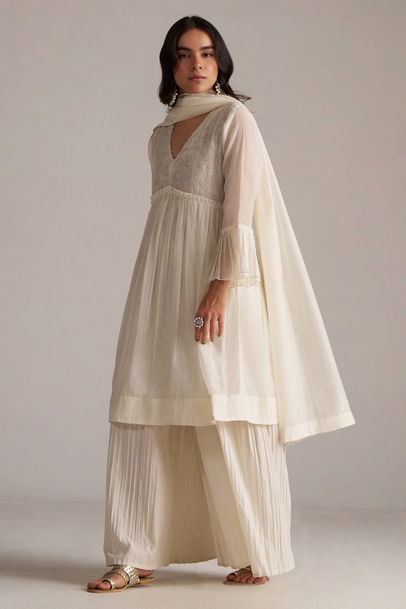 Ivory Chanderi A-Line Kurta Set with Embroidered Yoke