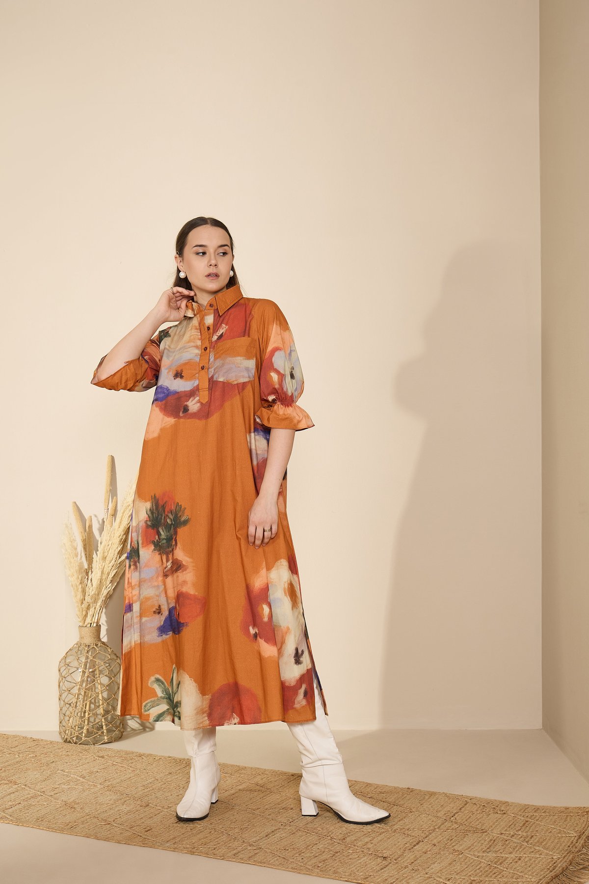 Rust Abstract Printed Collared Midi Shirt Dress