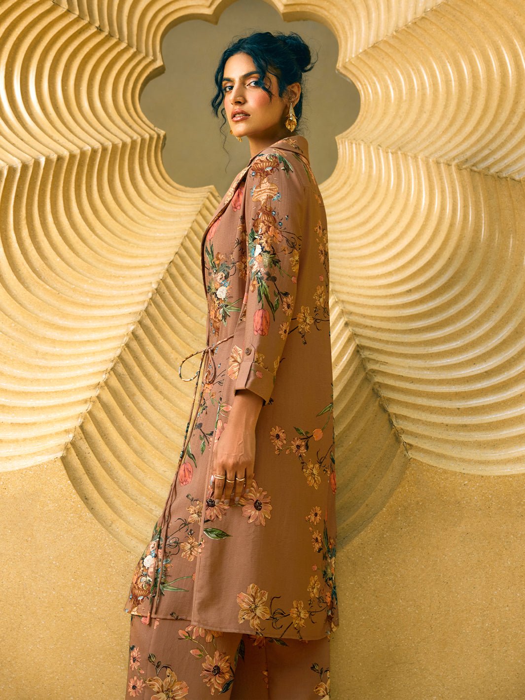 Brown Floral Longline Lapel-Collar Jacket with Waist Tie