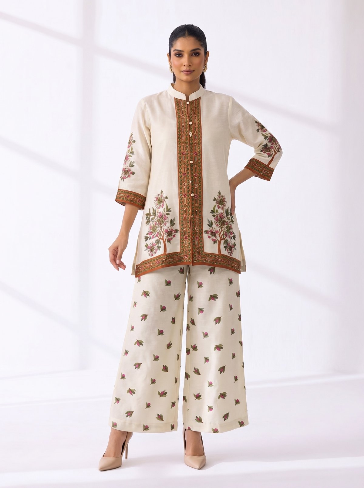 Off-White Printed Silk Straight Kurta Set with Pants