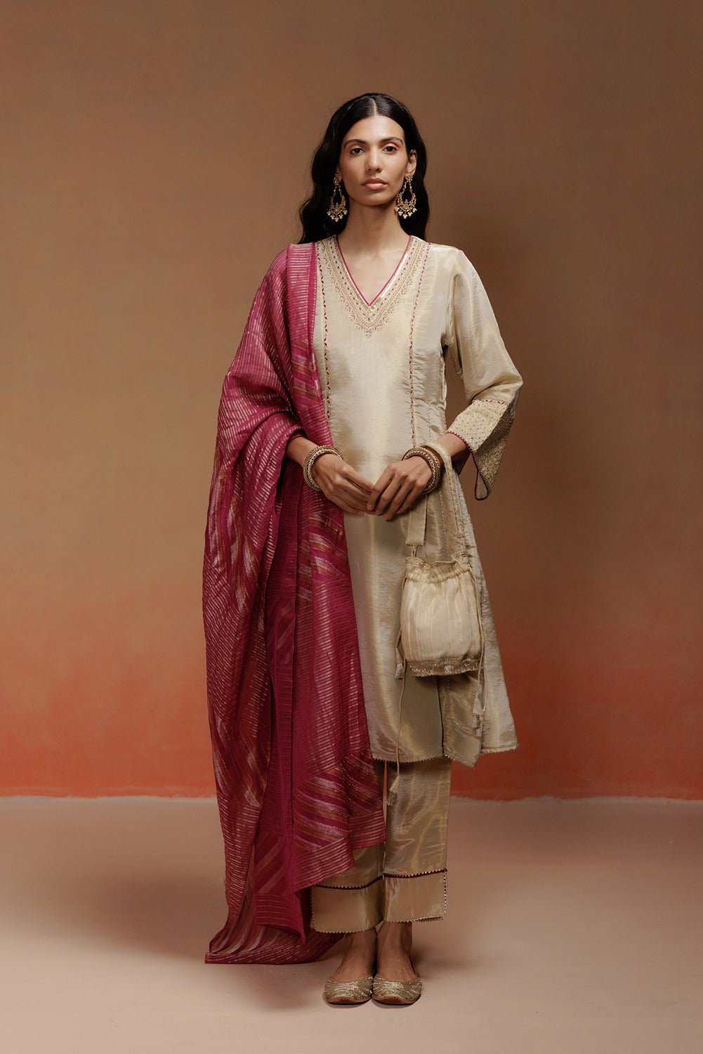 Gold Tissue Kurta and Pants Set with Wine Dupatta
