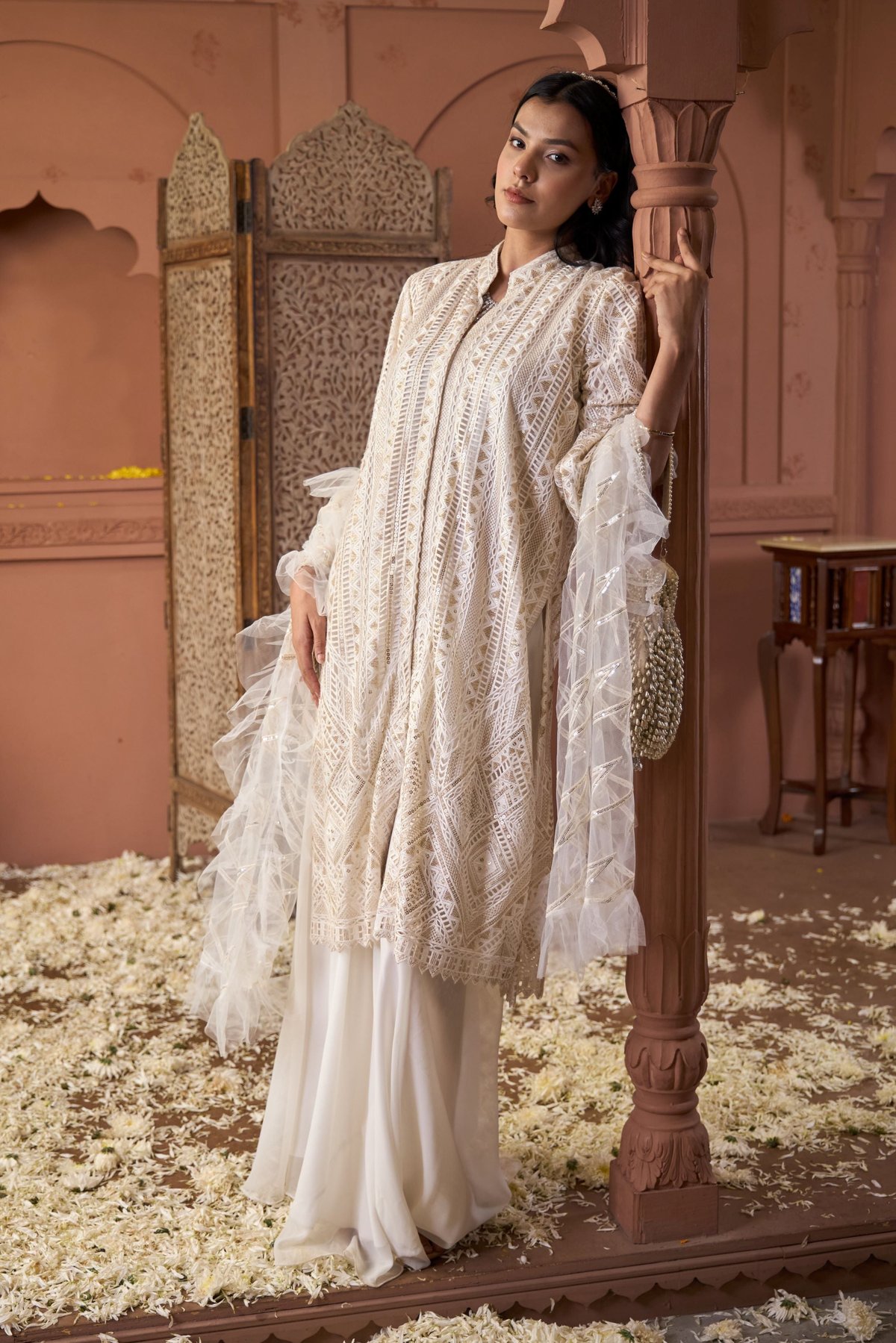 Ivory Nude Sequin Net Tunic and Flared Pants Co-ord Set