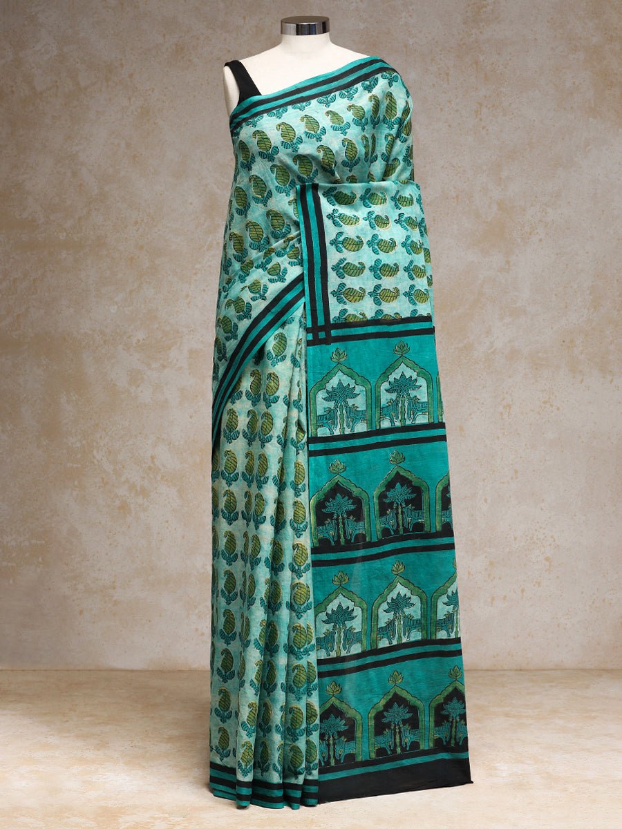Aqua Blue Handblock Printed Ajrakh Mulmul Saree