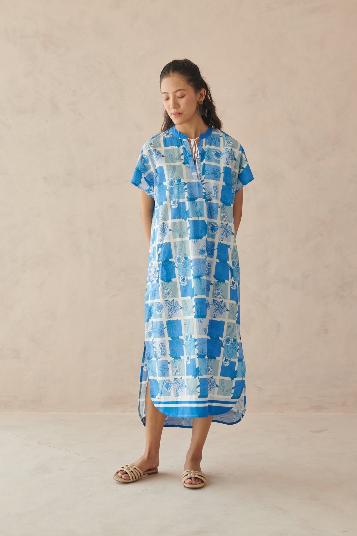 Blue Mosaic Floral Cotton Maxi Dress with Tie-Up Neck
