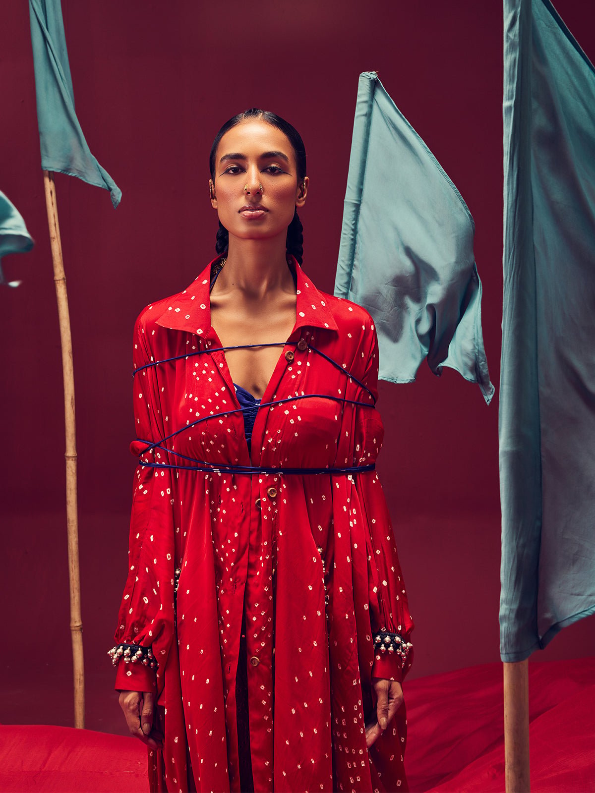Red Bandhani Button-Front Shirt-Style Co-ord Set