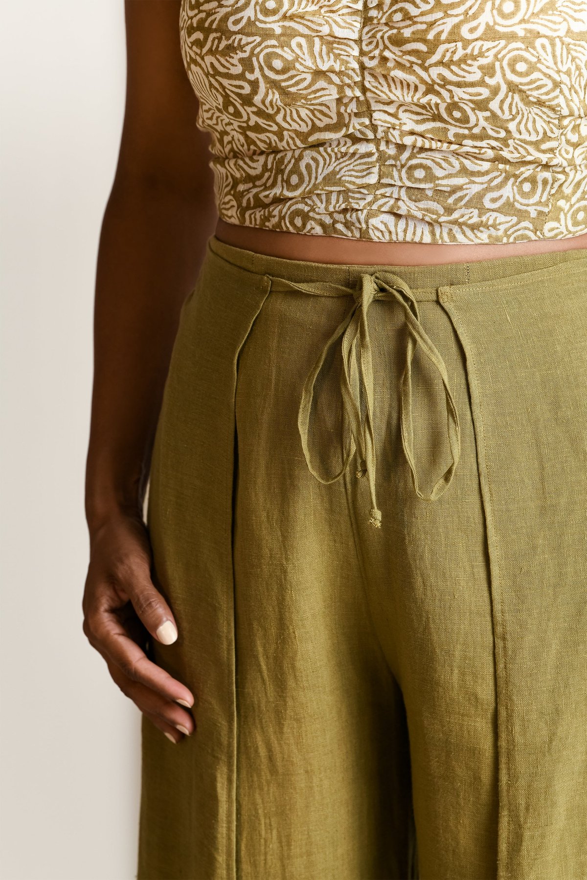 Olive Linen Wrap Wide-Leg Trousers with Tie-Up Waist