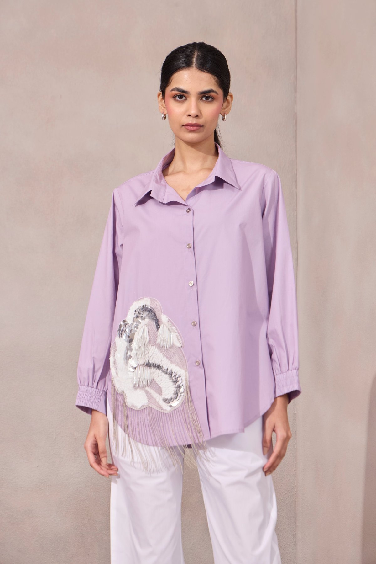 Sweet Lavender Longline Applique Shirt with Chain Tassels