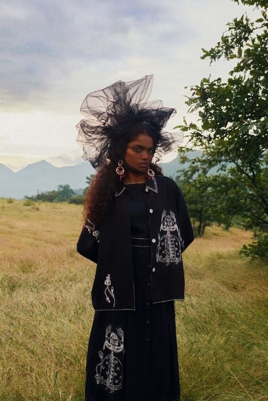 Black Kala Cotton Embroidered Button-Front Jacket