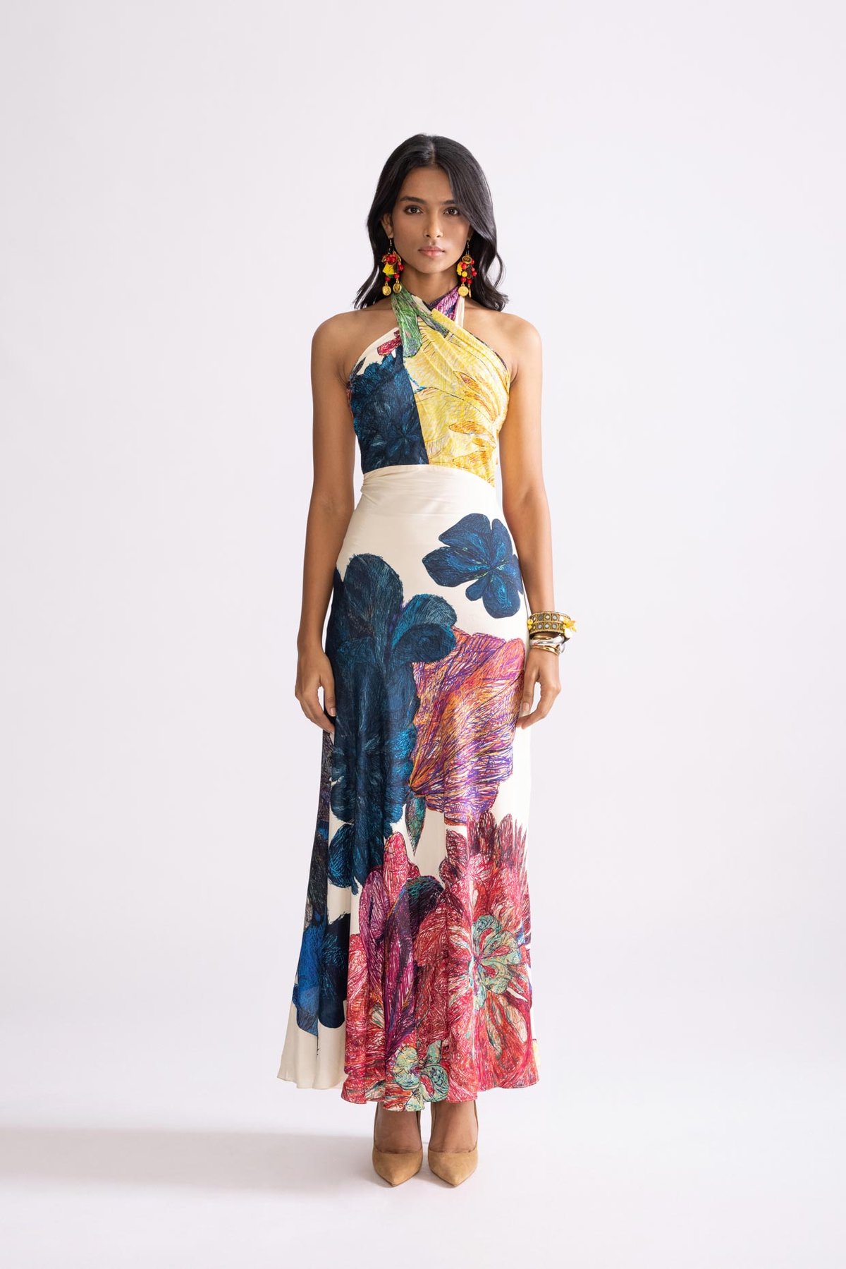 Multi Daisy Print Halter Neck Maxi Column Dress