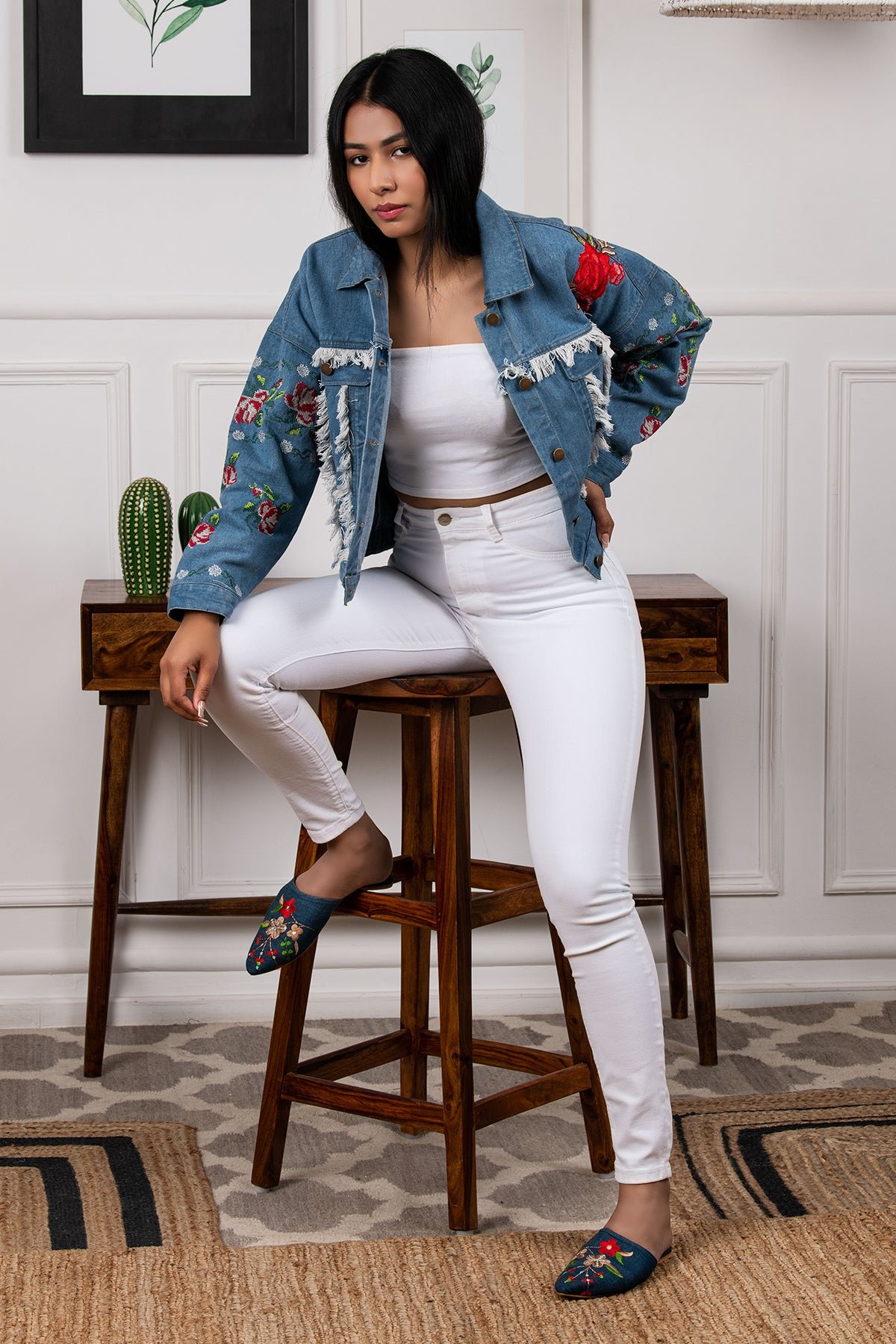 Cropped Denim Jacket with Floral Embroidery