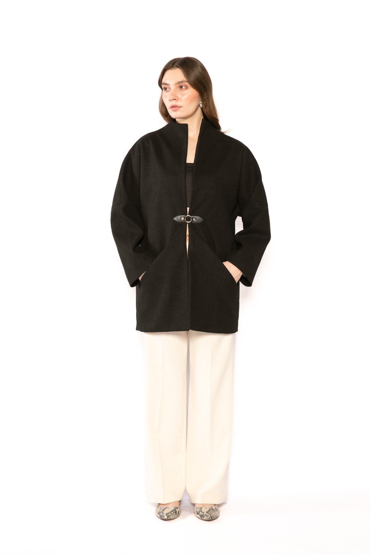 Black Cashmere Wool Boxy Jacket with Waist Buckle