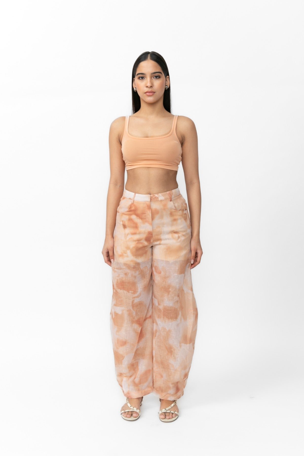Peach Abstract Printed Barrel-Leg Trousers