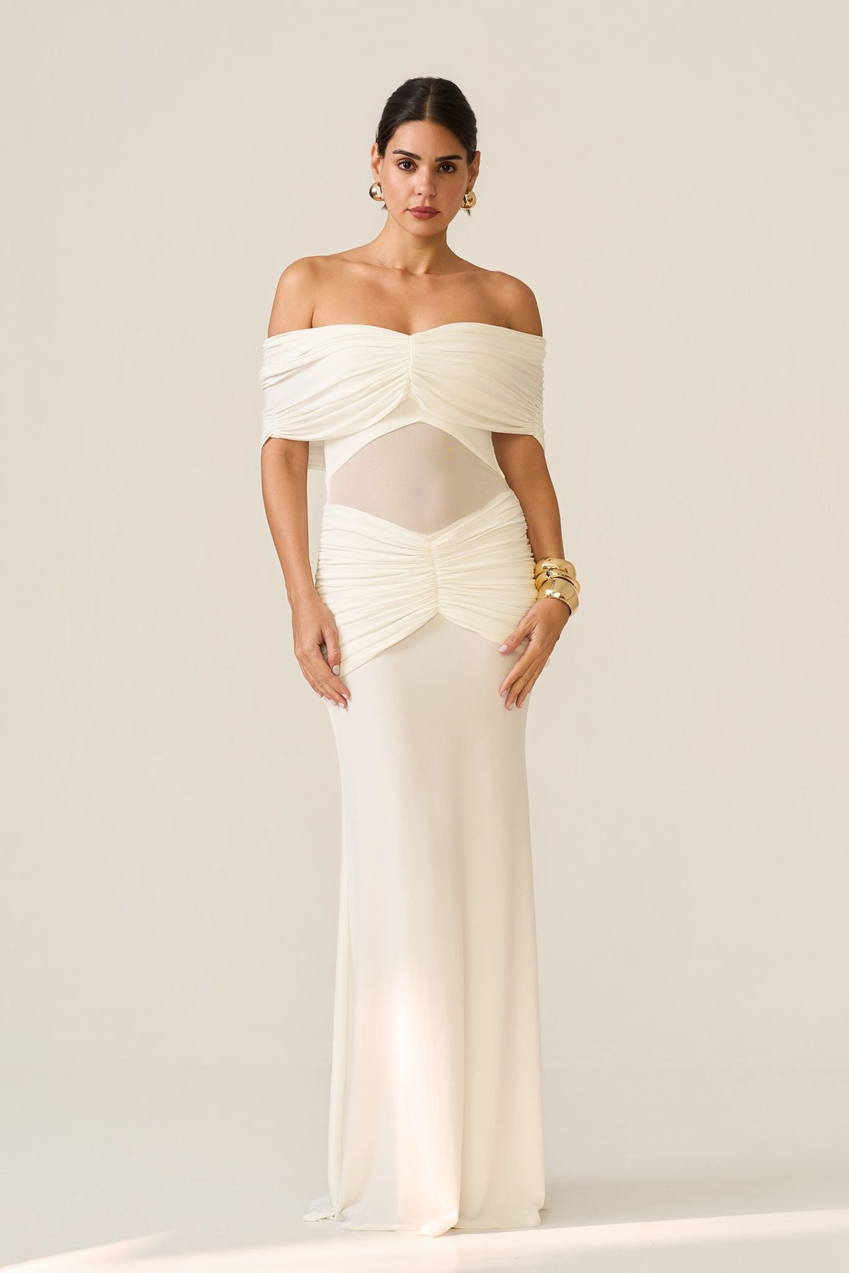 Ivory Off-Shoulder Ruched Maxi Gown with Sheer Waist