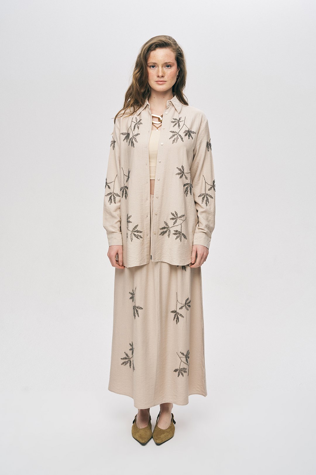 Cream Longline Embellished Button-Down Shirt