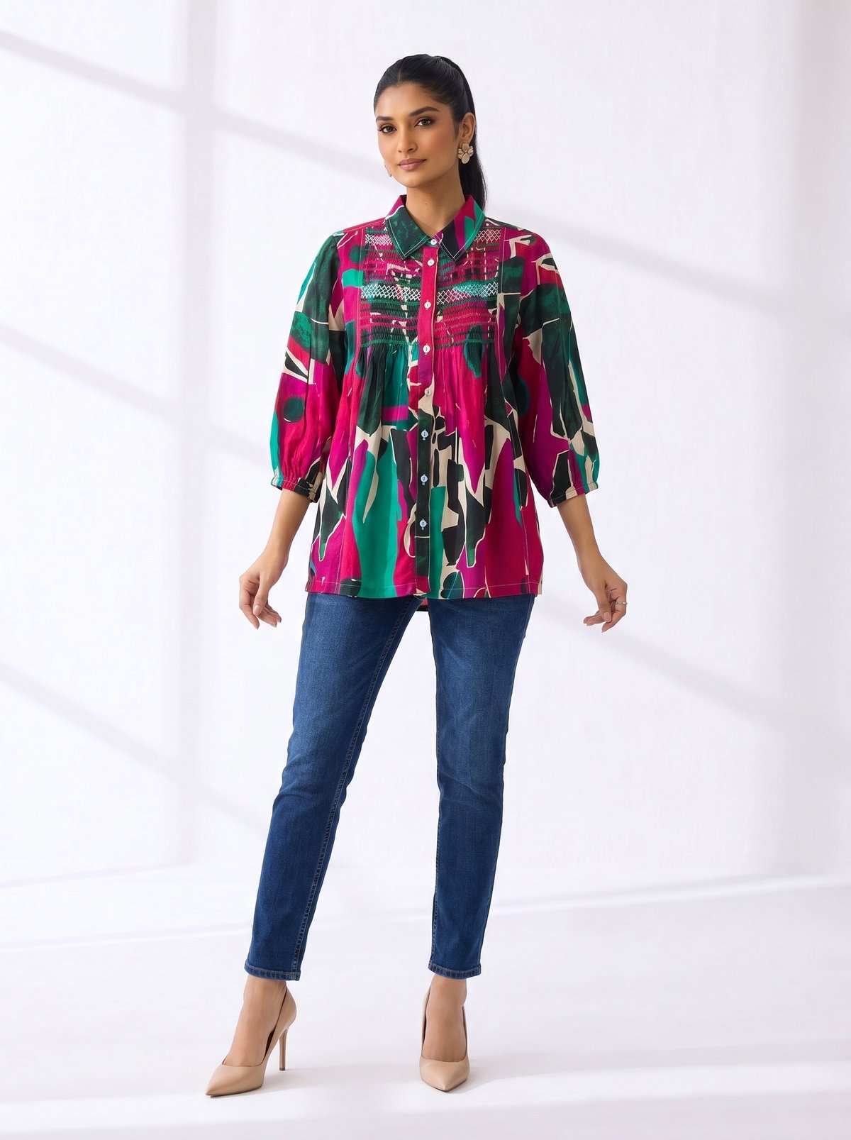 Multicolor Abstract Print Button-Down Tunic Shirt