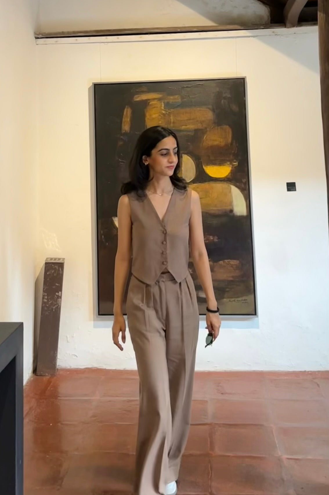 Brown Linen-Blend Waistcoat and Wide-Leg Pants Co-ord Set