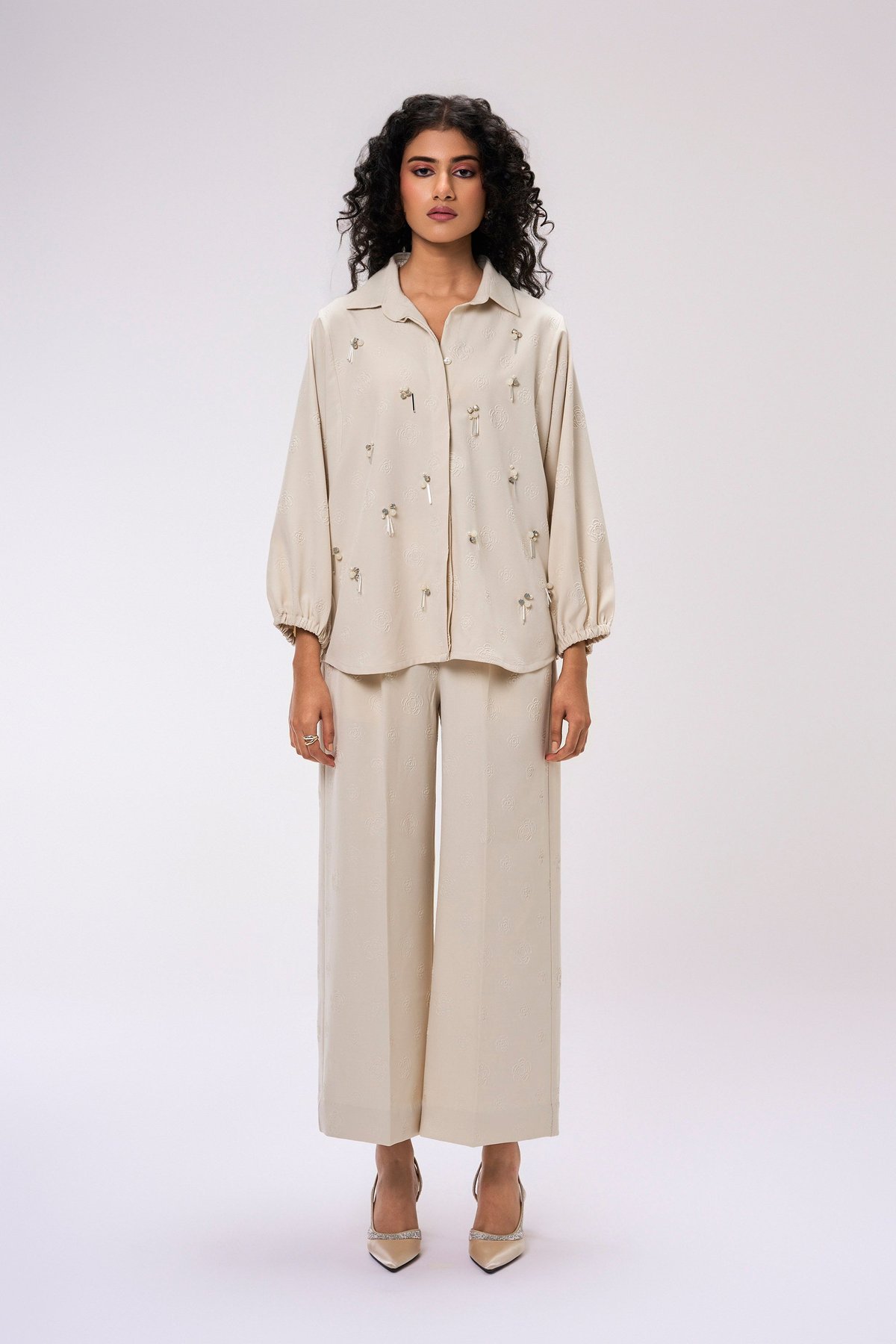 Beige Floral Jacquard Embellished Shirt and Pant Co-ord Set