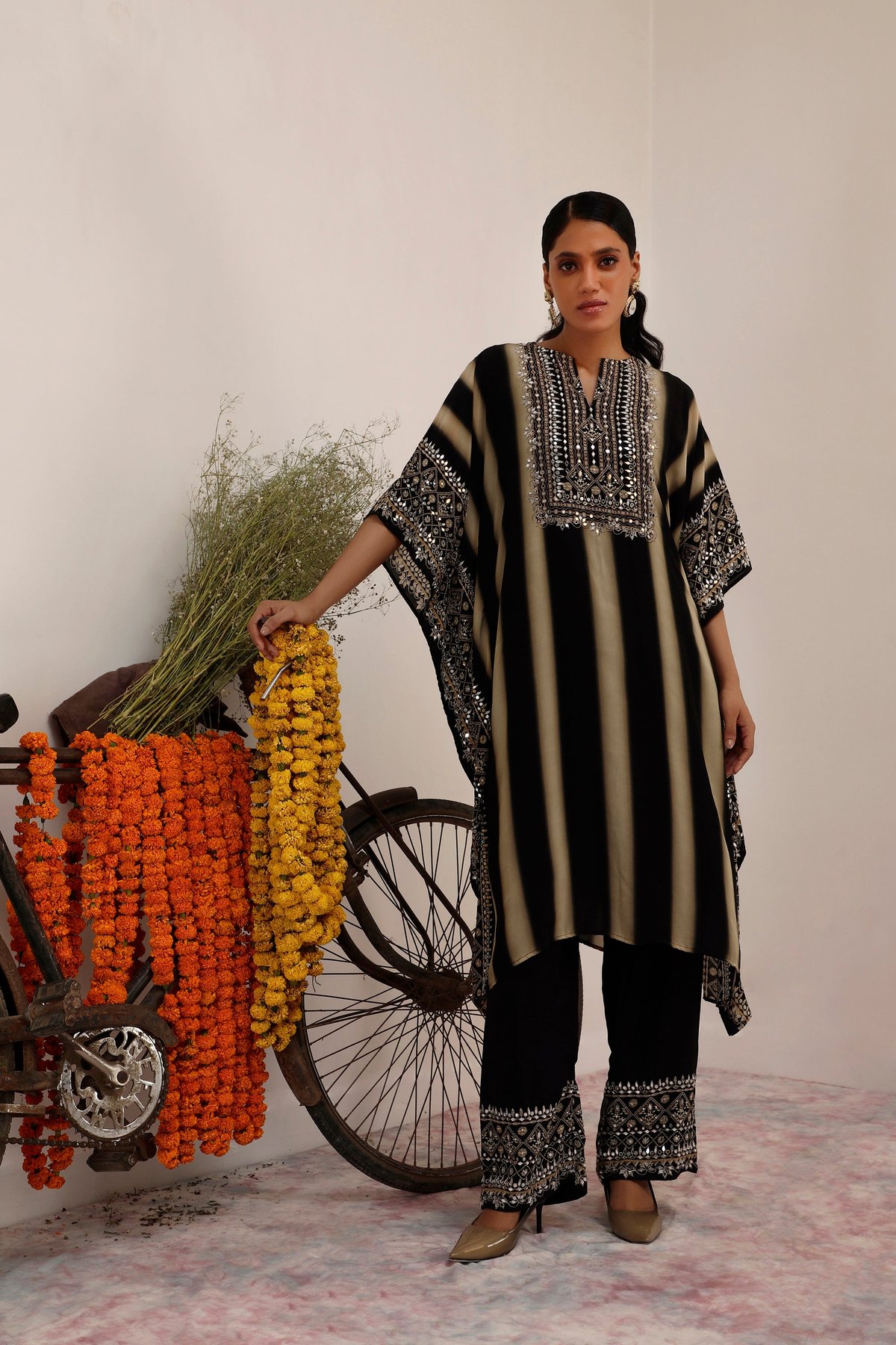 Black and Beige Striped Embellished Kaftan Kurta Set