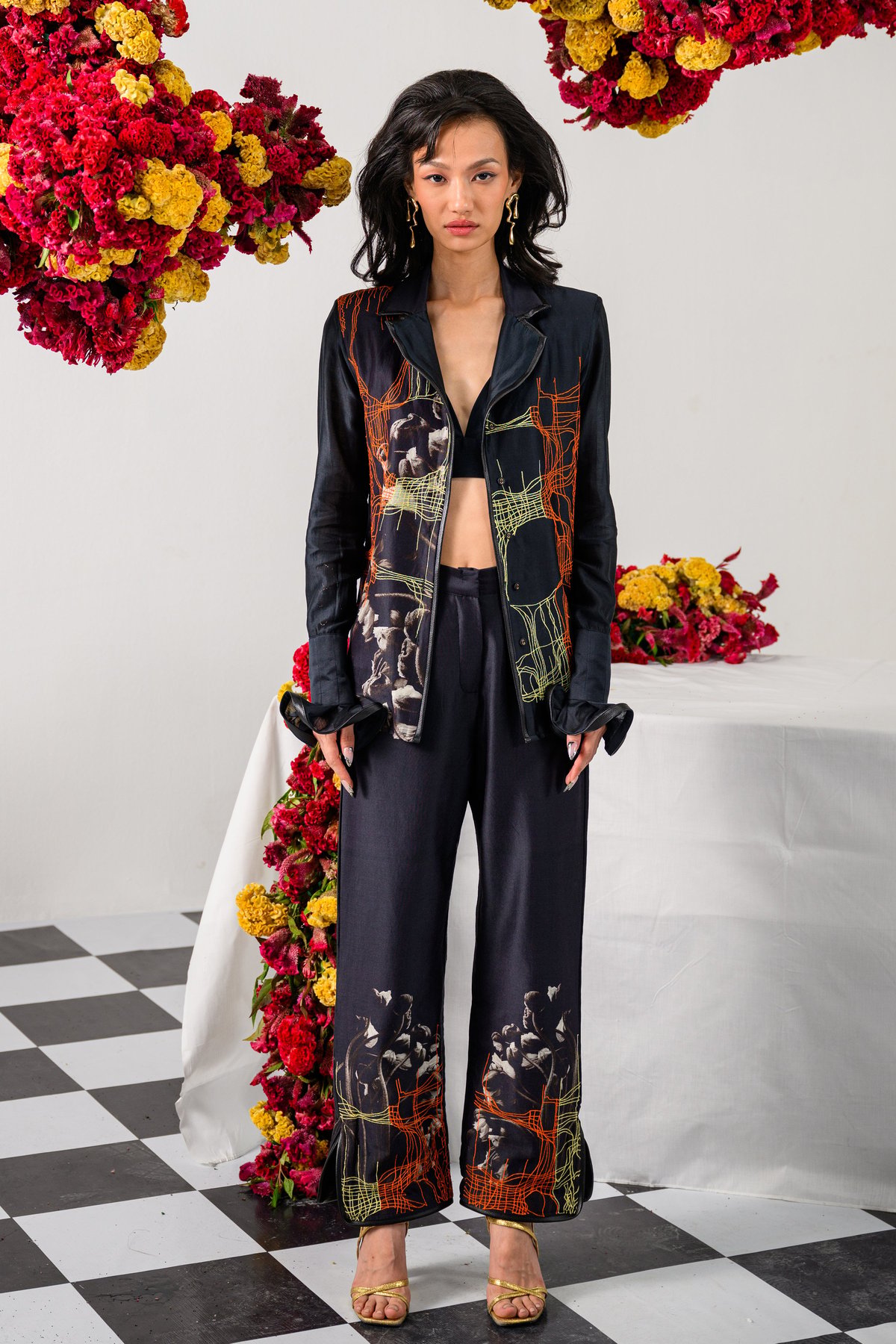 Black Embroidered Blazer and Wide-Leg Trousers Co-ord Set