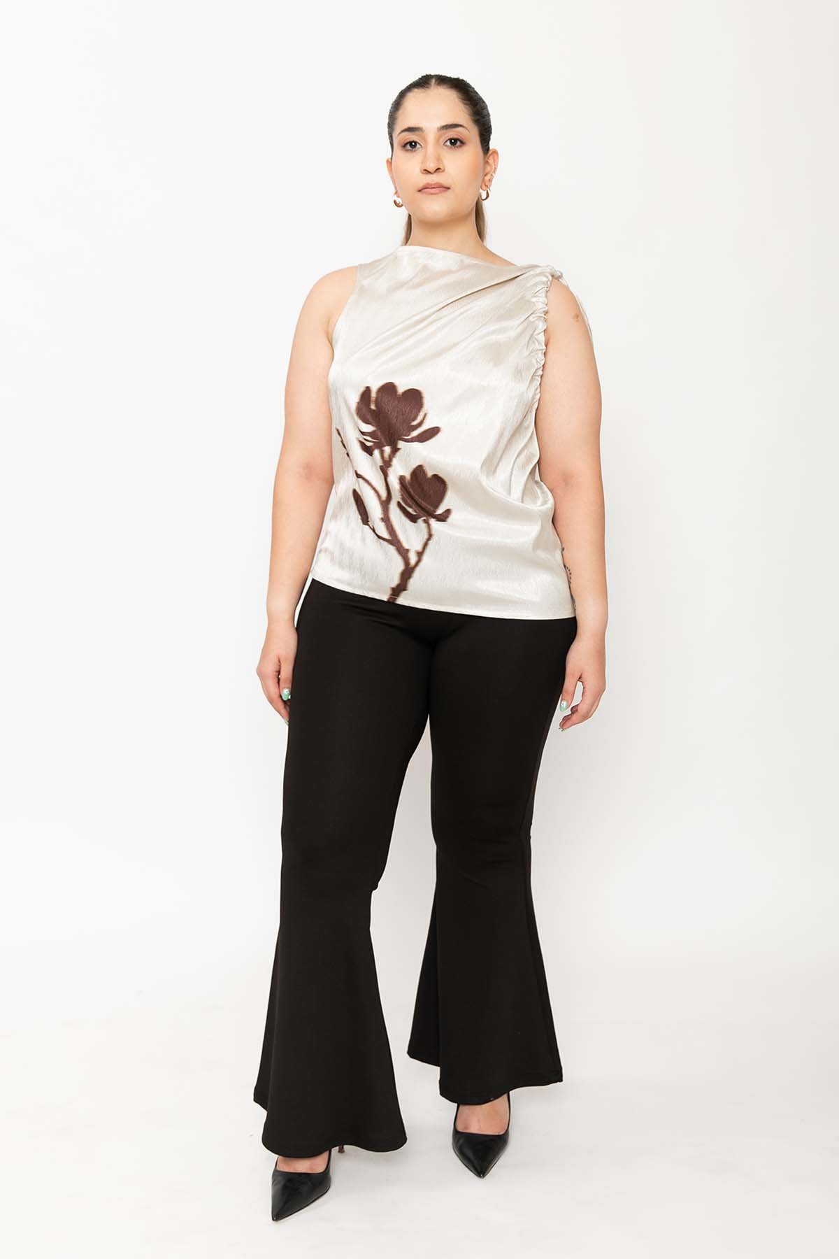Cream Chevron Satin Floral Tie-Shoulder Boat Neck Top