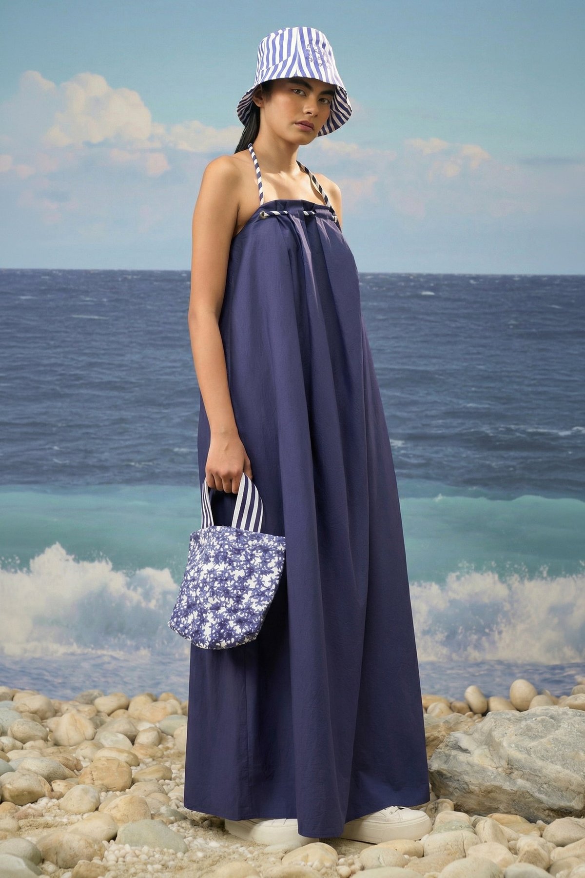 Navy Giza Cotton Poplin Halter-Neck Pleated Maxi Dress