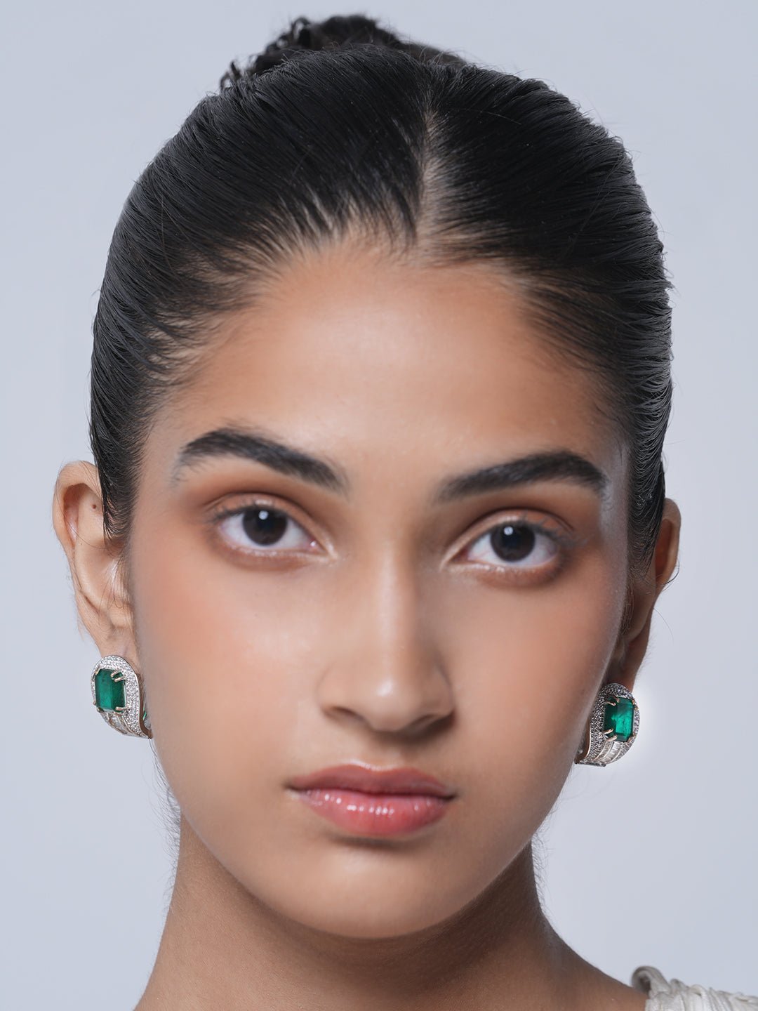 Silver Polish Green Emerald Tops Earrings