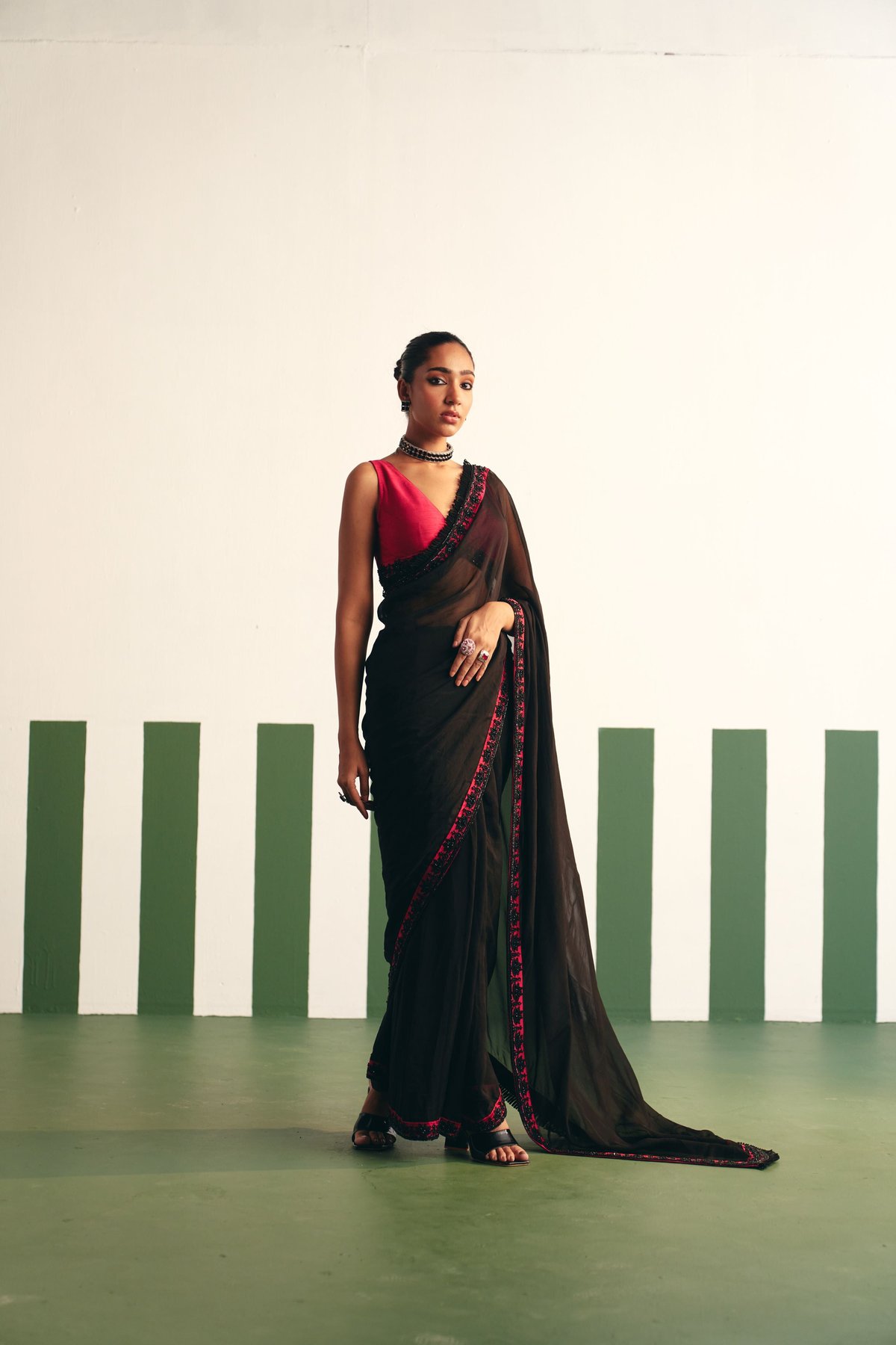 Black and Magenta Organza Saree Set with Embellished Border