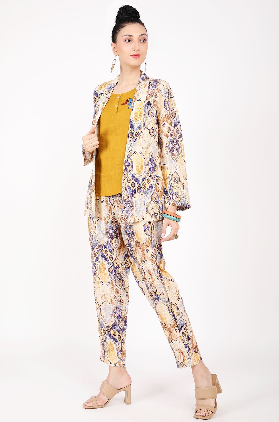 Multicolor Ajrakh Print Linen Blazer with Lapel Collar