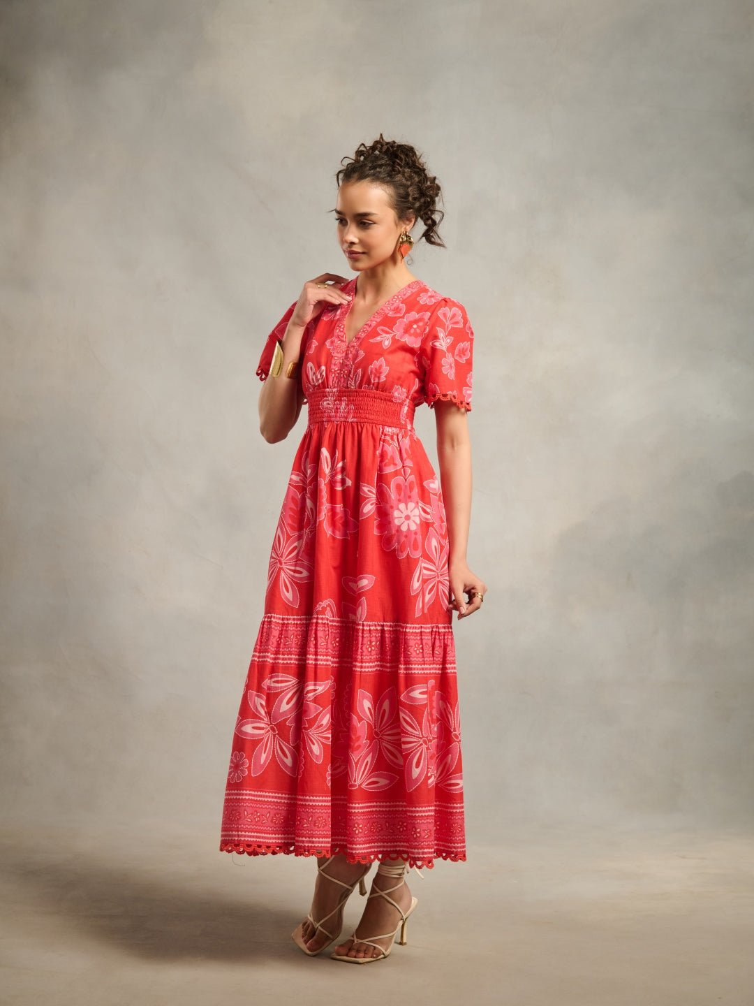 Red Floral Printed Tiered Maxi Dress with Smocked Waist