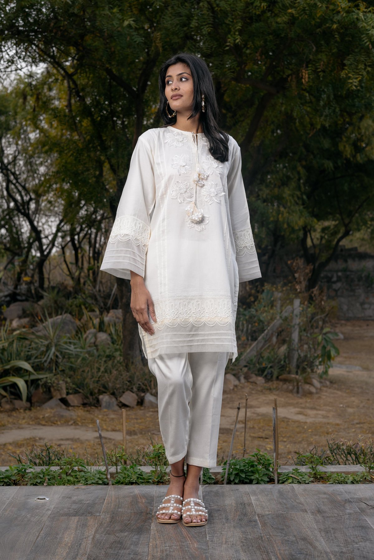 White Cotton Embroidered Kurta and Pants Co-ord Set