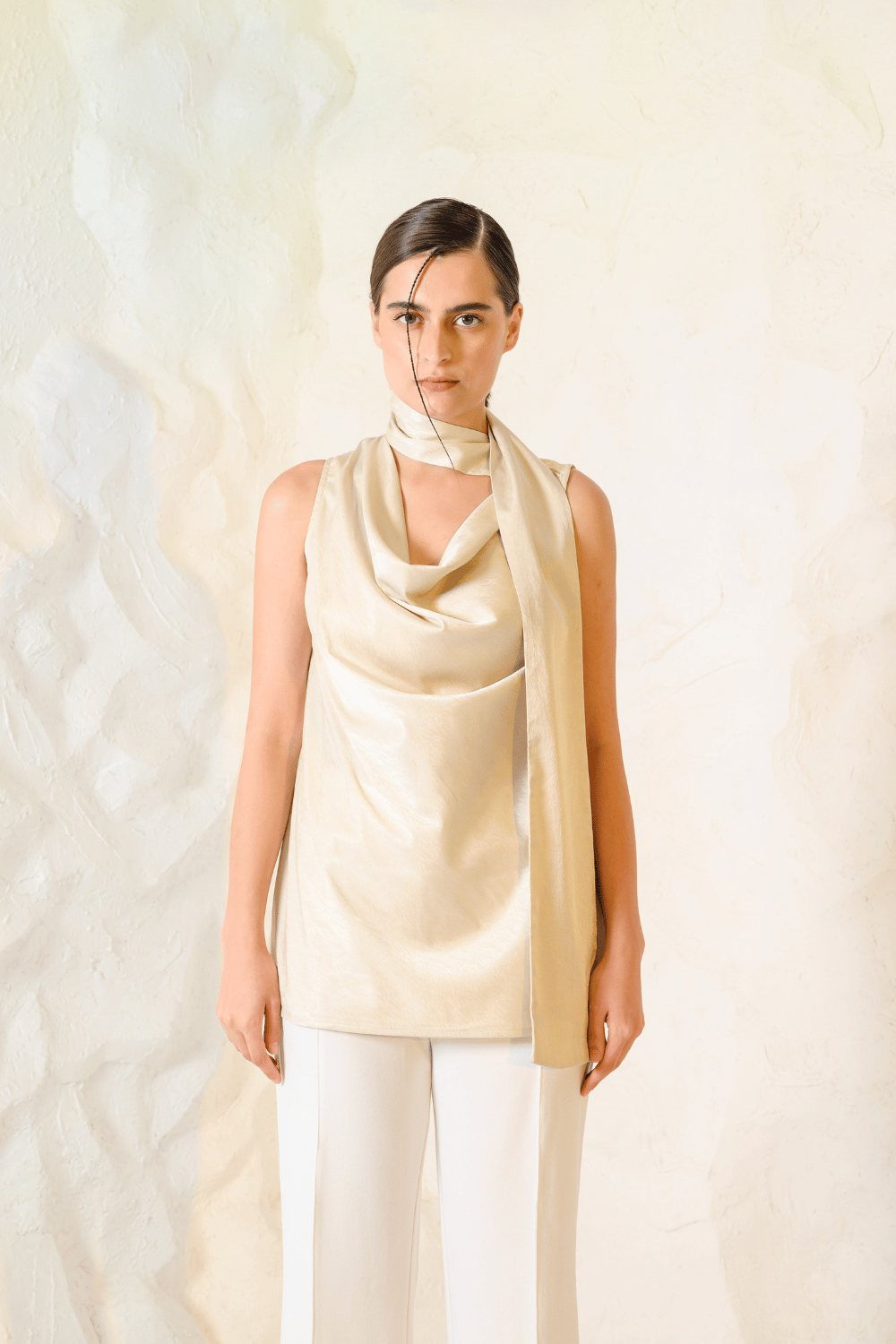 Beige Satin Cowl Neck Sleeveless Top with Wrap Tie