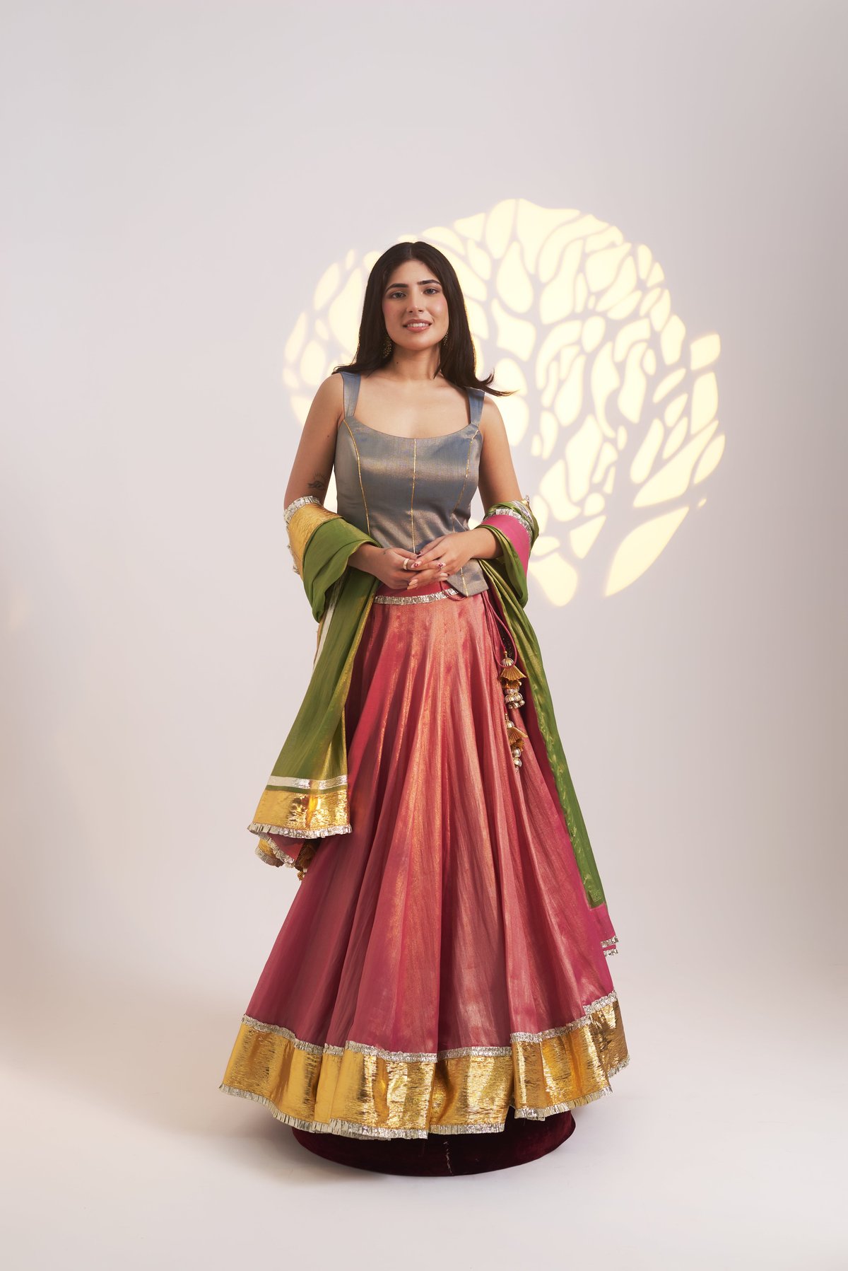 Tri-Colour Tissue Chanderi Lehenga Set with Gotta Border