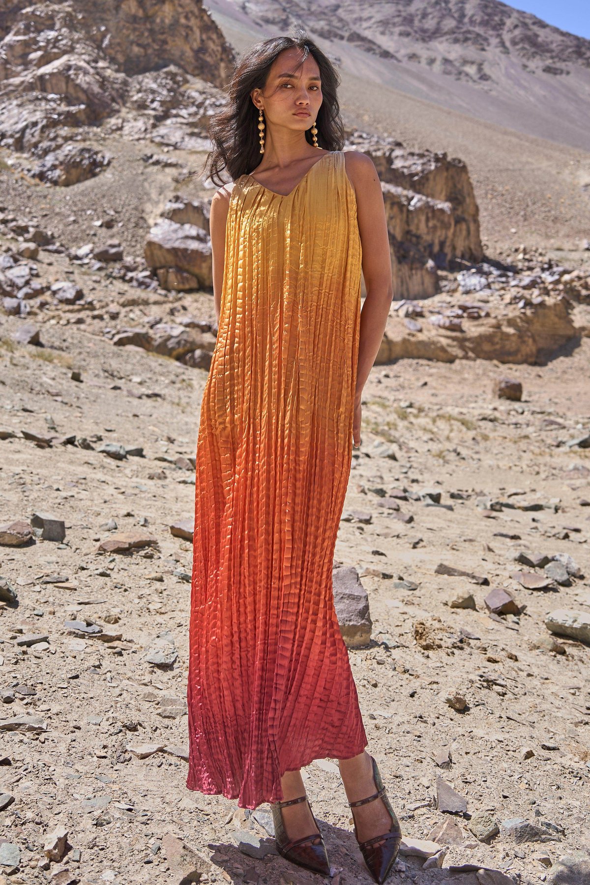 Sunset Ombre Hand-Crushed V-Neck Sleeveless Maxi Dress