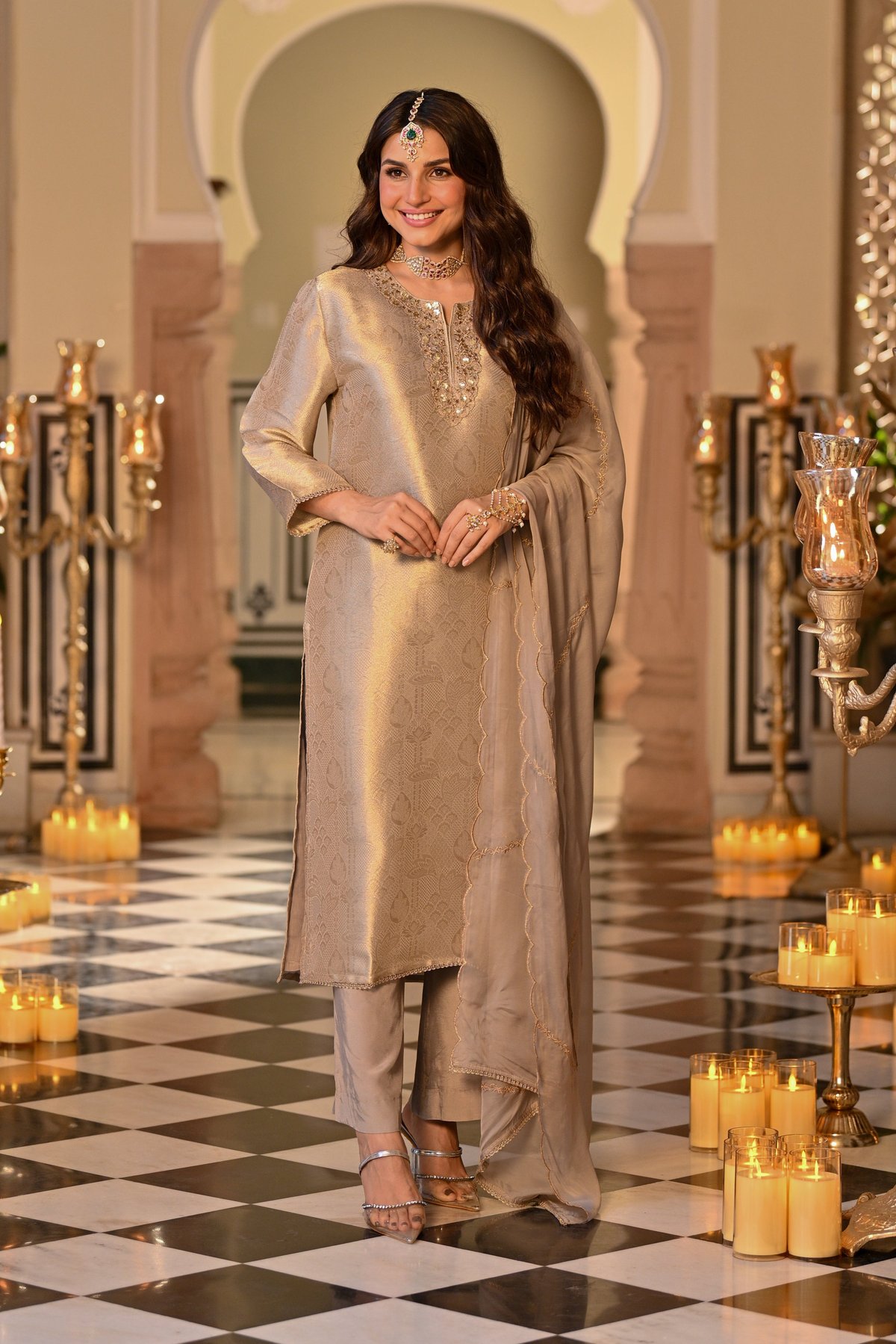 Slate Grey Premium Pure Muslin Silk Jacquard with Patch Embroidery, Hand Work Zari lace on Daman Kurta With Scallop Zari Border Dupatta-SET OF-3