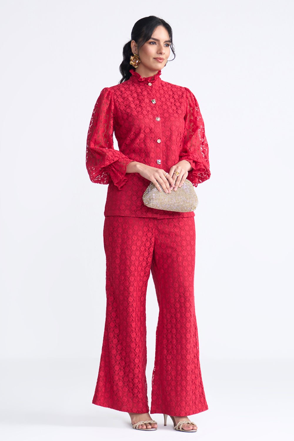 Red Lace Button-Front Co-ord Set with Flared Pants