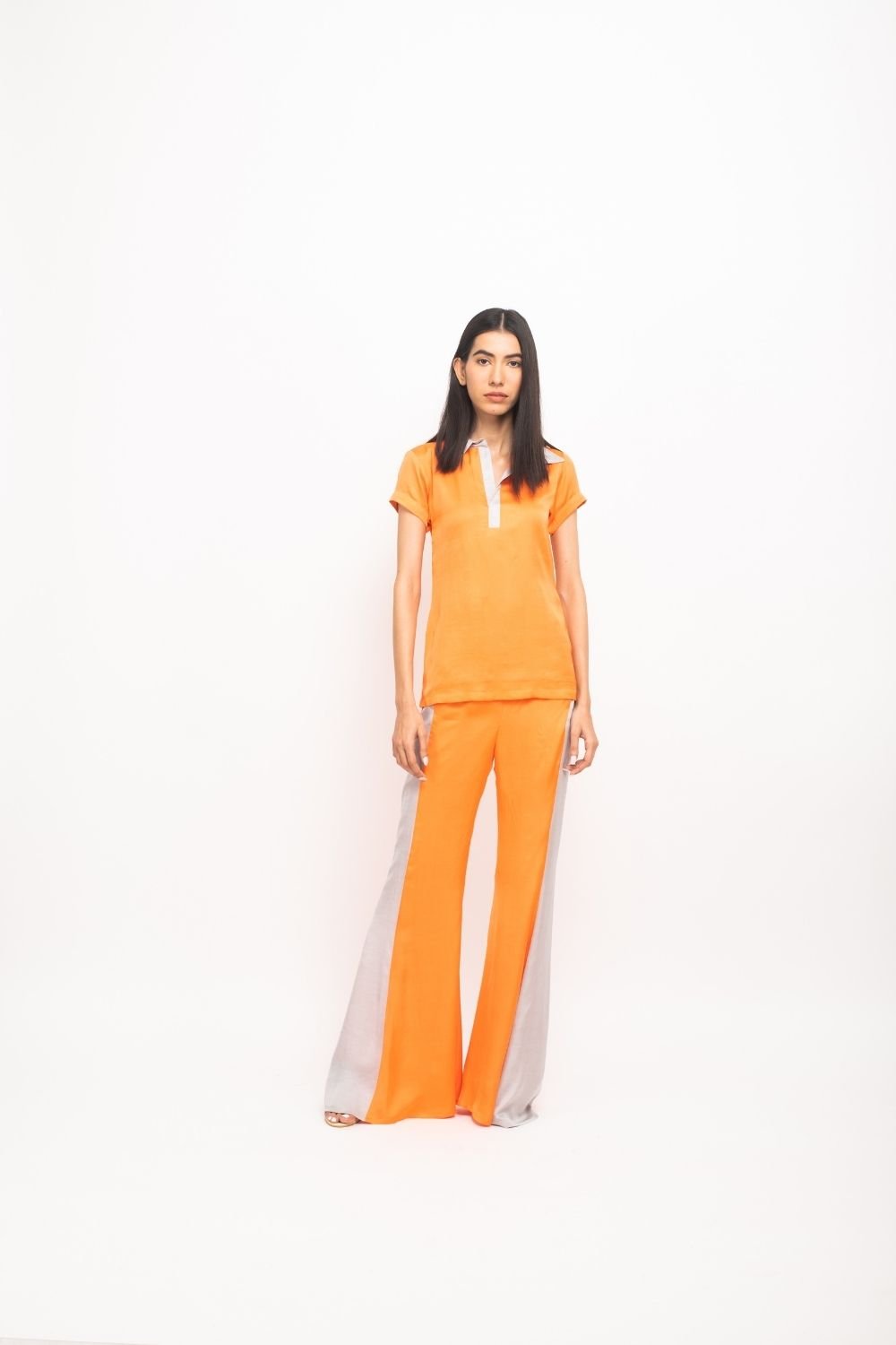 Orange and Grey Colorblocked Top and Flared Pants Co-ord Set