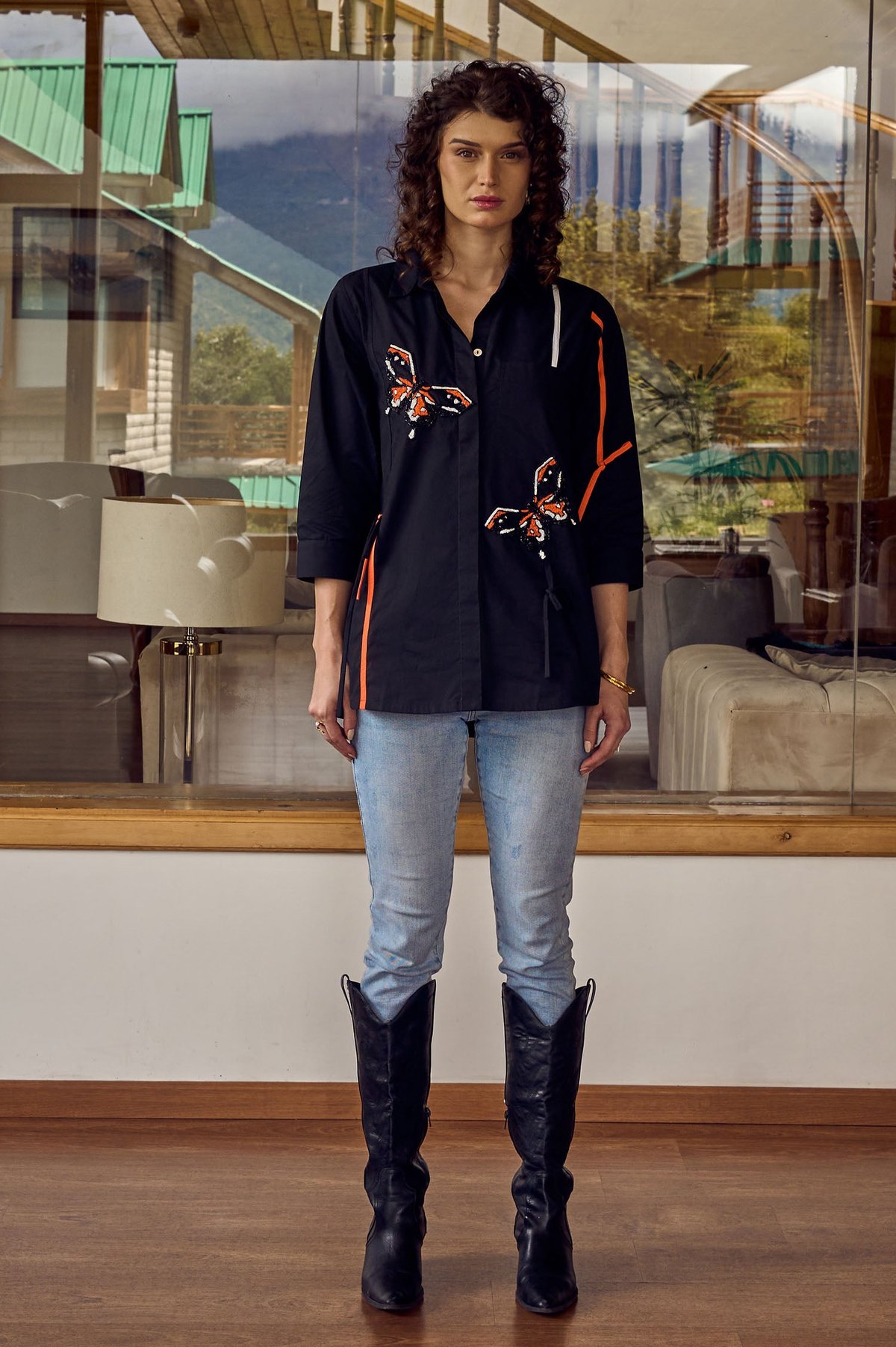 Black Cotton Shirt with Butterfly Embroidery and Back Bow