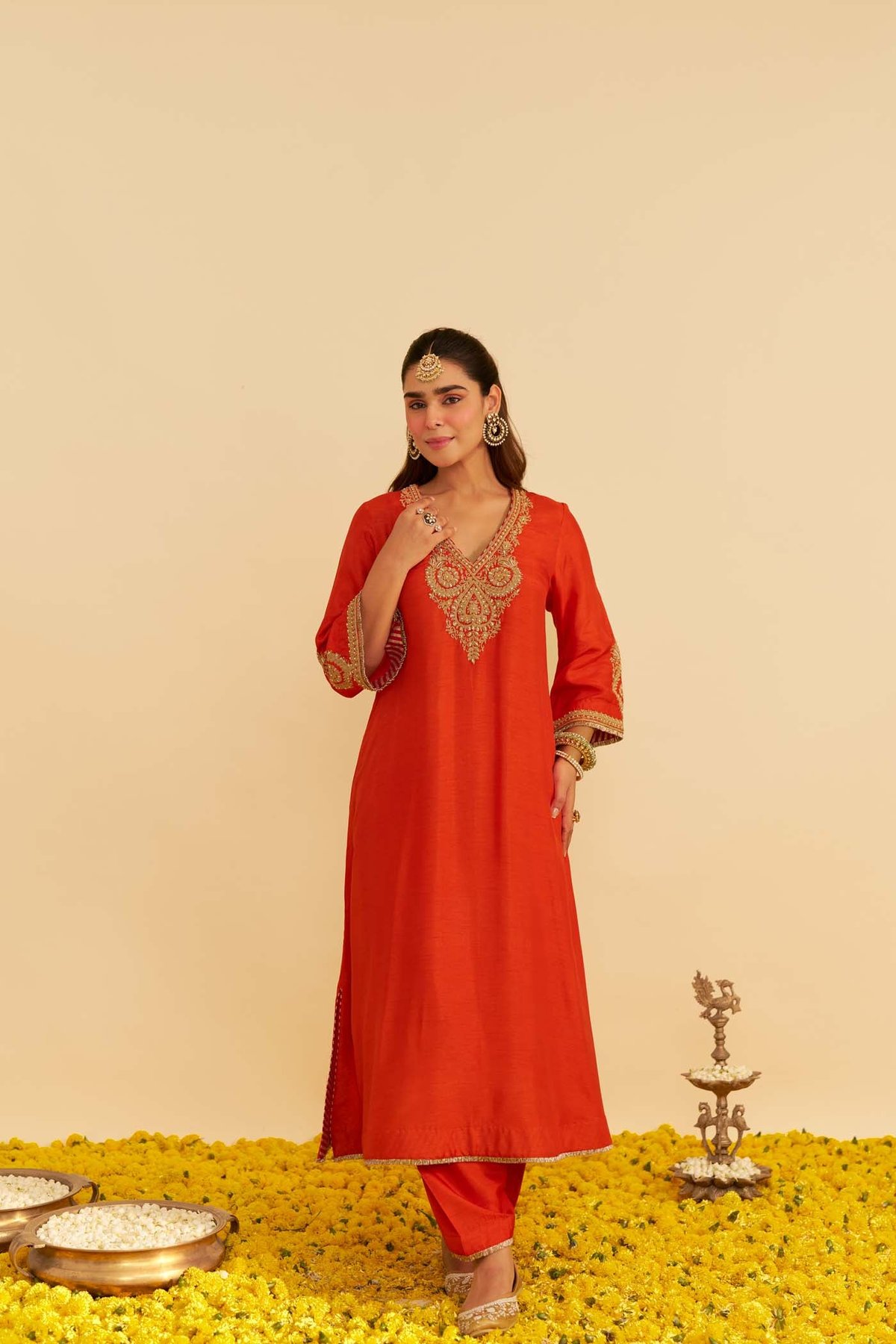 Burnt Orange Upada Silk Embroidered Long Kaftan