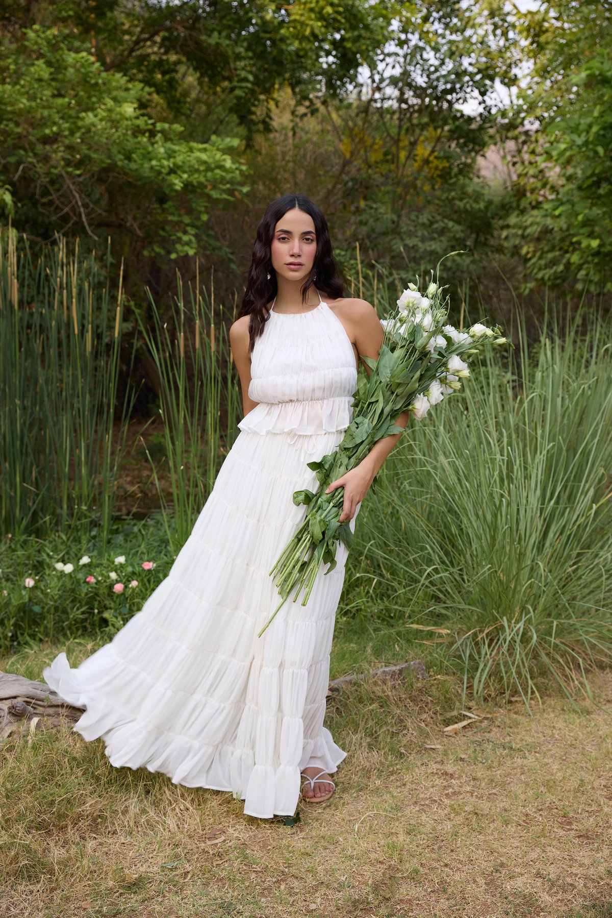 White Halter Neck Top and Tiered Maxi Skirt Co-ord Set